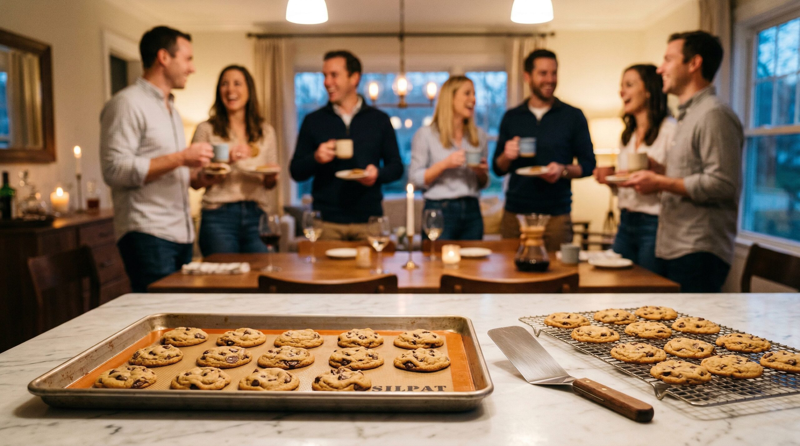 A heavy metal baking sheet lined with a Silpat mat holding warm cookies, a silver pastry spatula, and a wire cooling rack in sharp focus, with an elegant softly lit evening dining room gathering of four Caucasian couples blurred in the background