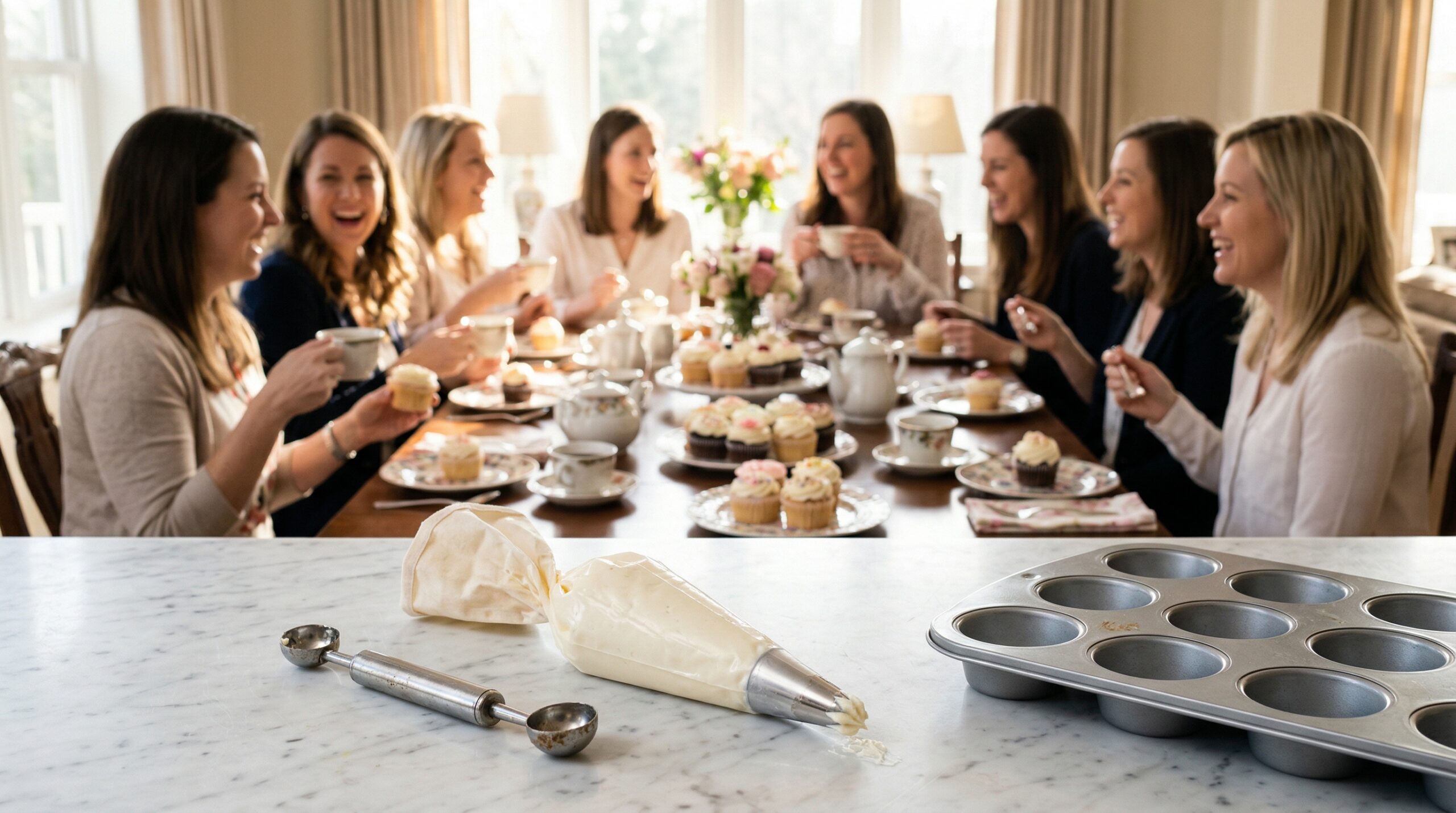 A stainless steel melon baller, piping bag, and a metal muffin tin in sharp focus in the foreground, with an elegant afternoon gathering of women blurred in the background