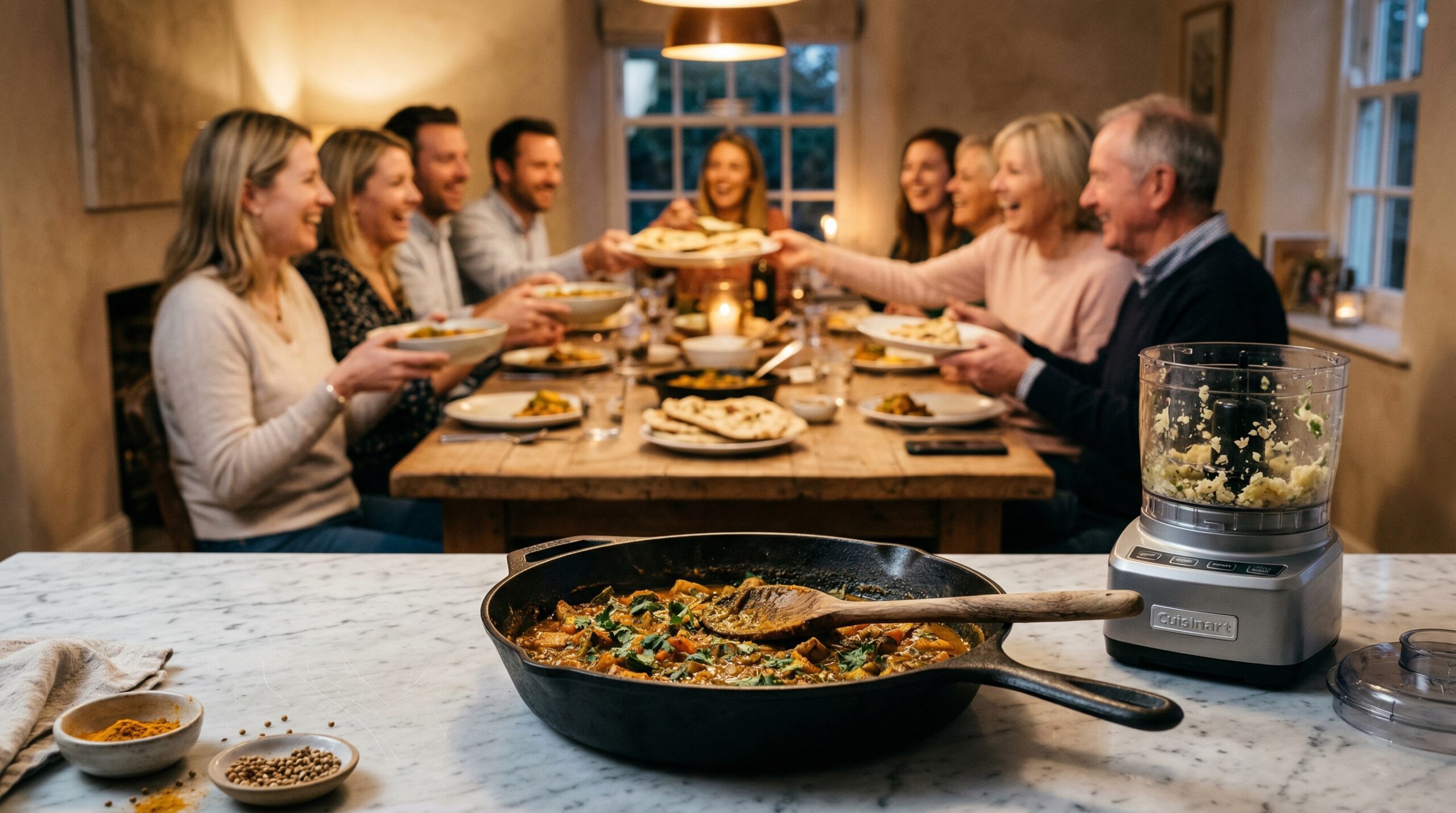 A heavy cast-iron skillet, a wooden stirring spoon, and a small food processor bowl in sharp focus in the foreground, with an elegant dining room gathering of 4 men and 4 women blurred in the background