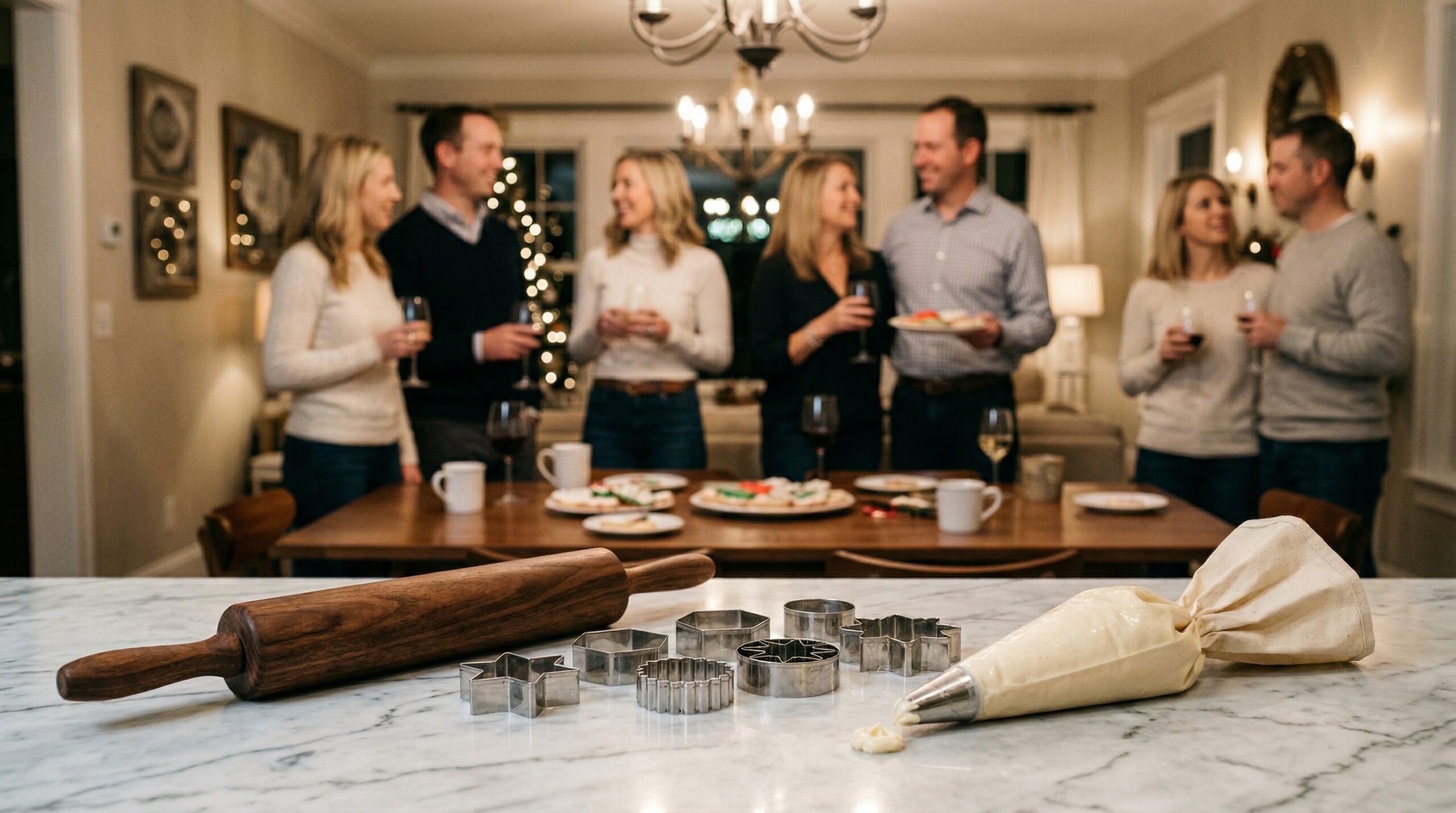 A heavy wooden rolling pin, elegant geometric metal cookie cutters, and a professional pastry piping bag in sharp focus in the foreground, with an elegant softly lit evening gathering blurred in the background
