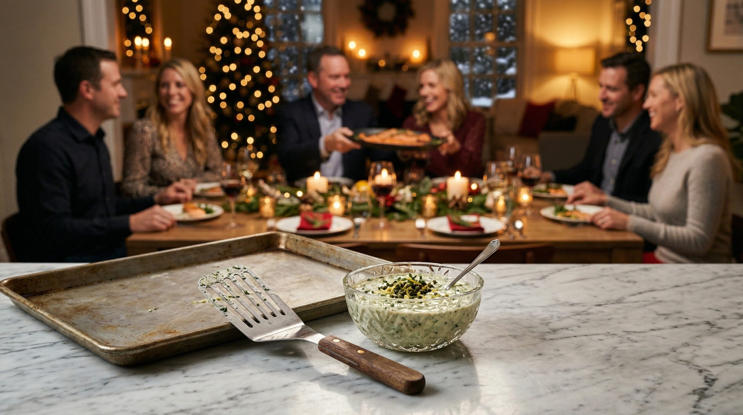 A heavy metal baking sheet, a professional stainless steel fish spatula, and a crystal bowl of tarragon caper sauce in sharp focus in the foreground, with an elegant holiday dining room gathering of four Caucasian couples blurred in the background
