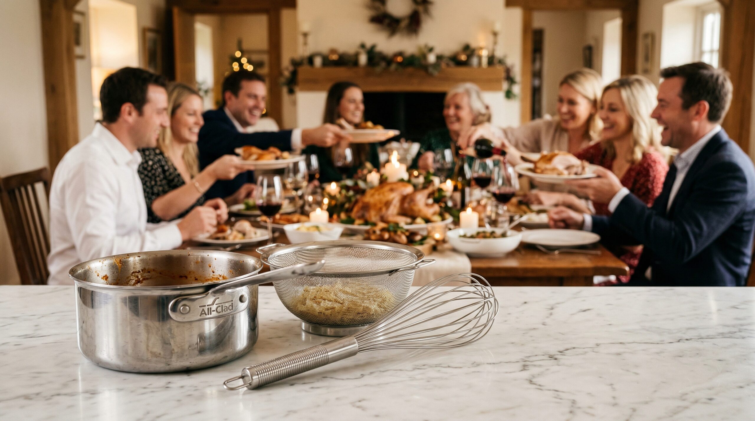 A heavy stainless steel saucepan, a fine-mesh wire colander, and a professional stainless steel whisk in sharp focus in the foreground, with an elegant, softly lit dining room gathering blurred in the background