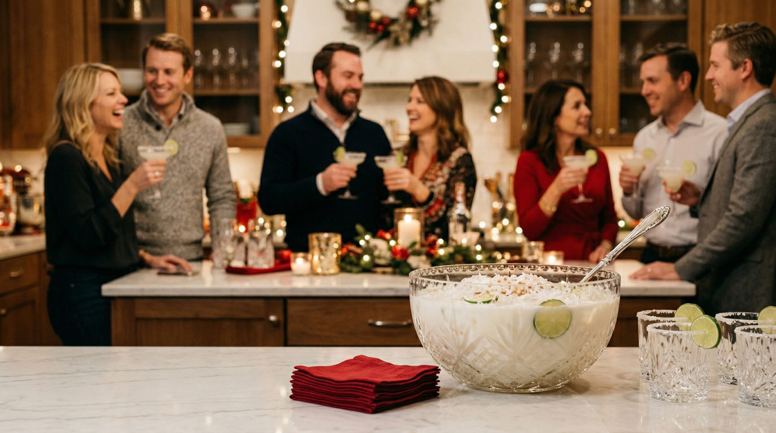 A large crystal punch bowl filled with coconut margarita and a silver serving ladle in sharp focus in the foreground, with an elegant softly lit evening holiday party blurred in the background
