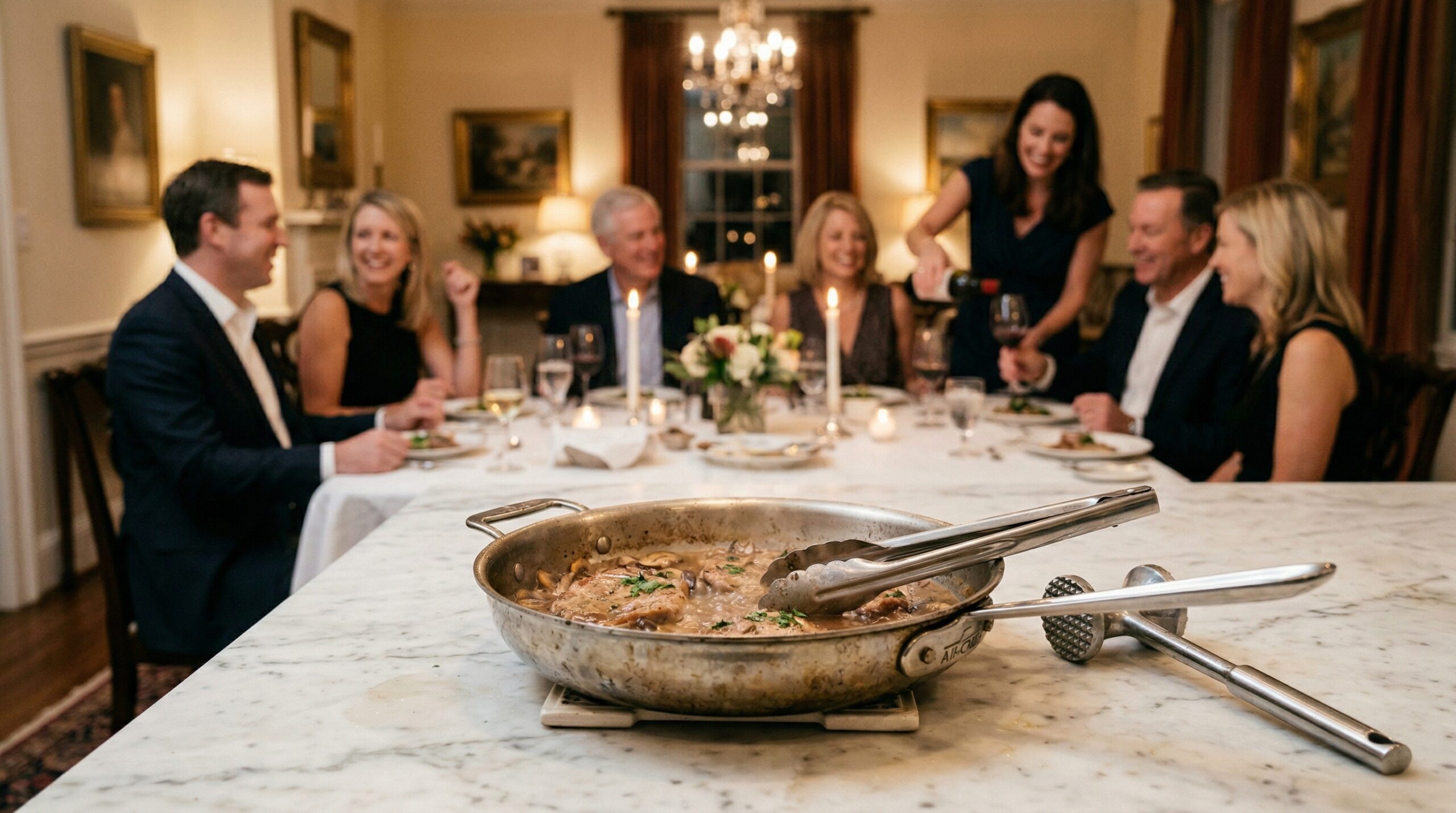 A heavy stainless steel skillet holding bubbling veal marsala, silver serving tongs, and a meat mallet in sharp focus in the foreground, with an elegant softly lit evening dining room gathering blurred in the background
