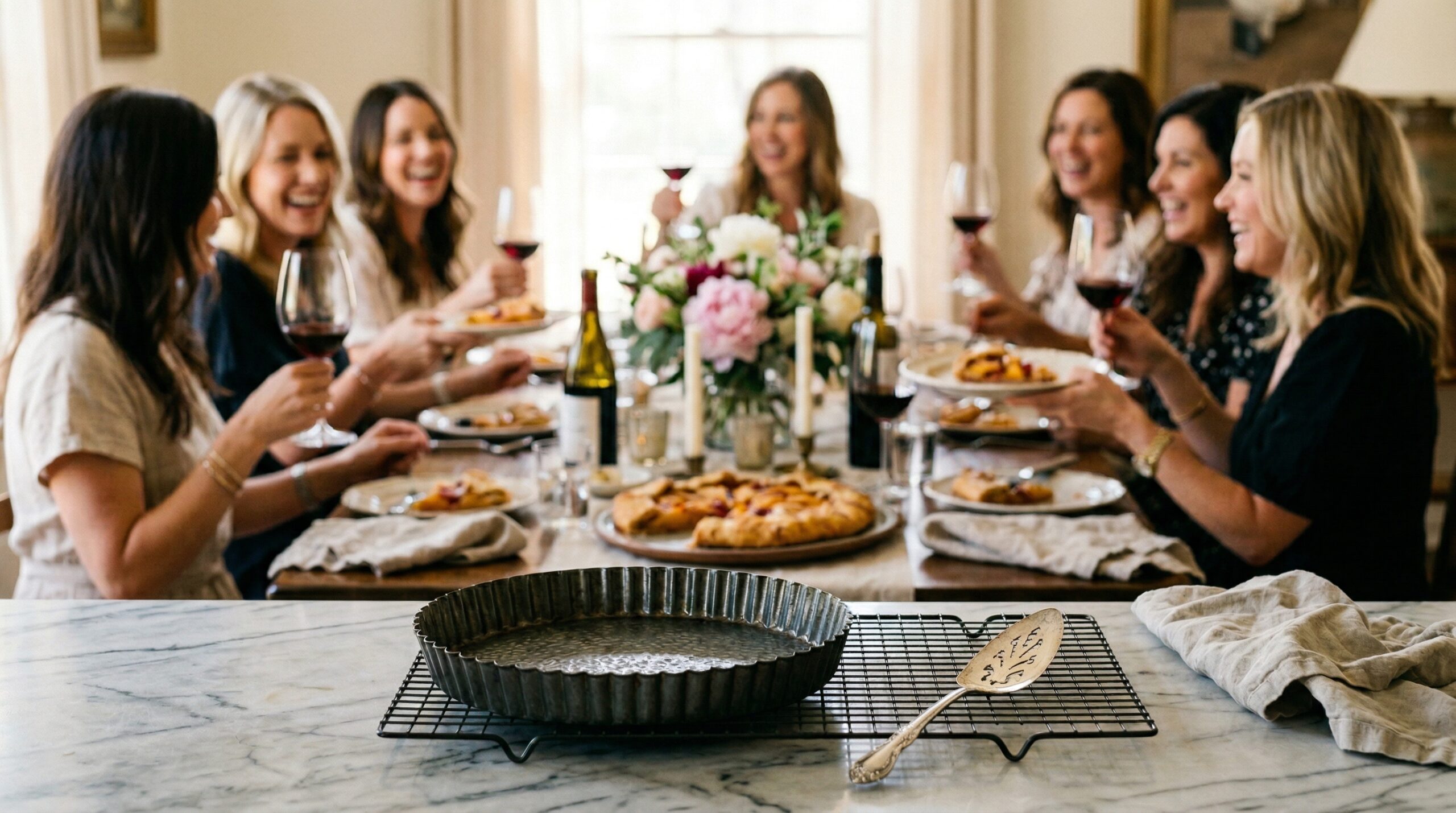 A dark metal fluted tart pan and silver pie server in sharp focus in the foreground, with an elegant afternoon luncheon blurred in the background
