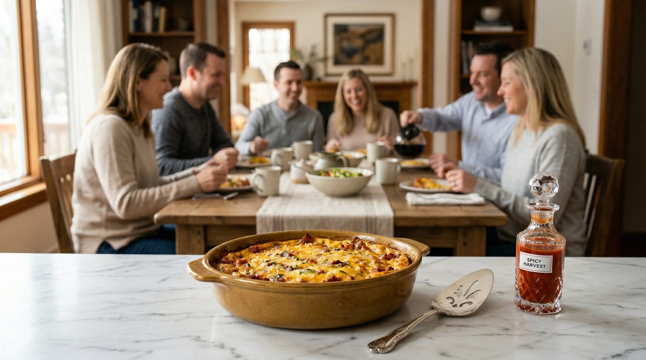 A heavy ceramic baking dish holding golden egg casserole and a silver serving spatula in sharp focus in the foreground, with an elegant morning dining gathering blurred in the background