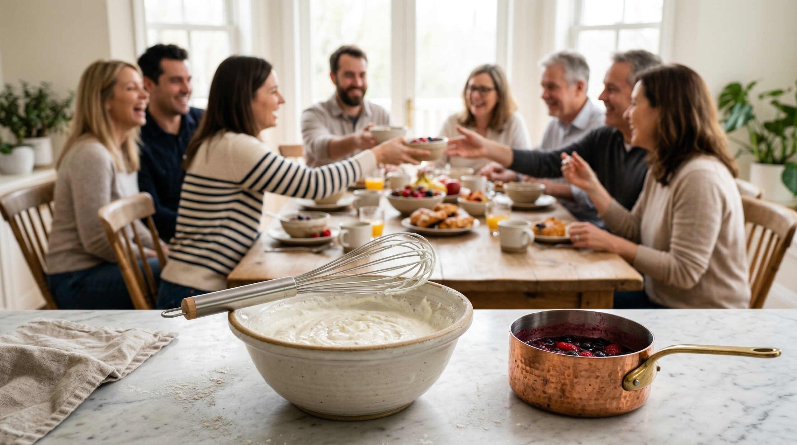 A heavy ceramic mixing bowl holding yogurt, a professional stainless steel whisk, and a small copper saucepan in sharp focus in the foreground, with an elegant morning dining room gathering blurred in the background
