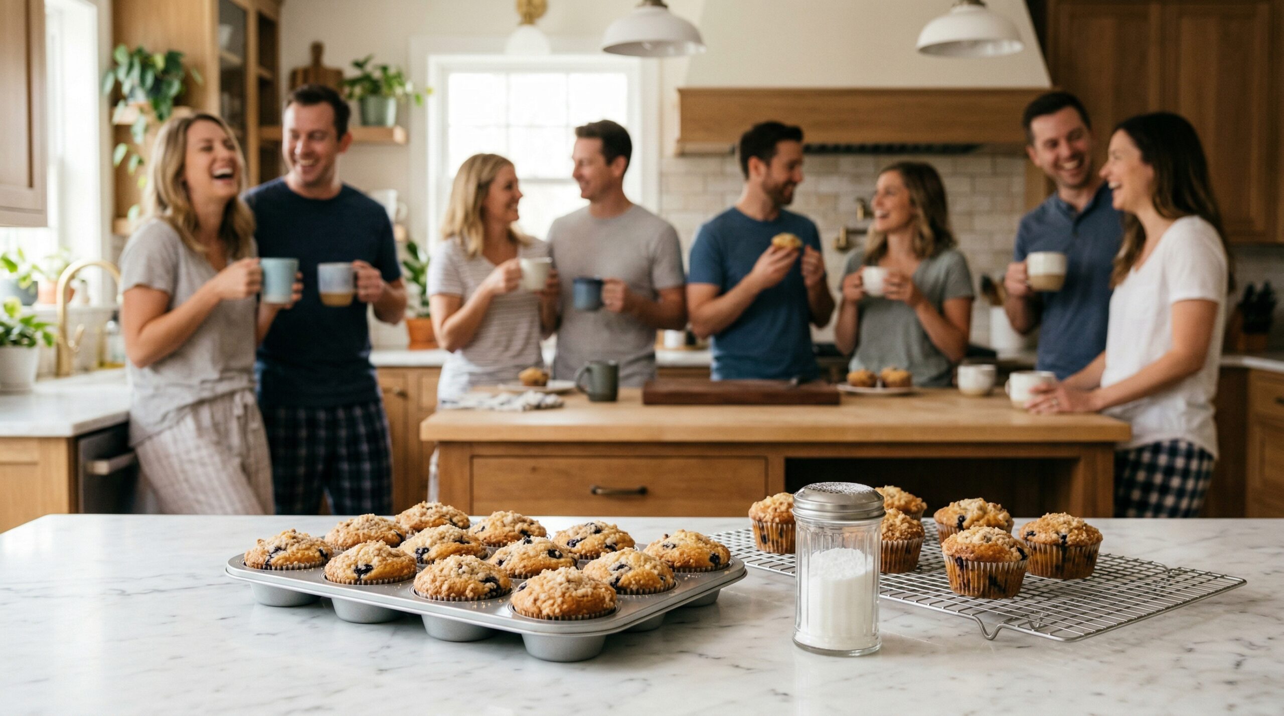 A metal muffin tin holding freshly baked muffins, a wire cooling rack, and a glass sugar shaker in sharp focus in the foreground, with an elegant softly lit morning kitchen gathering of four Caucasian couples blurred in the background