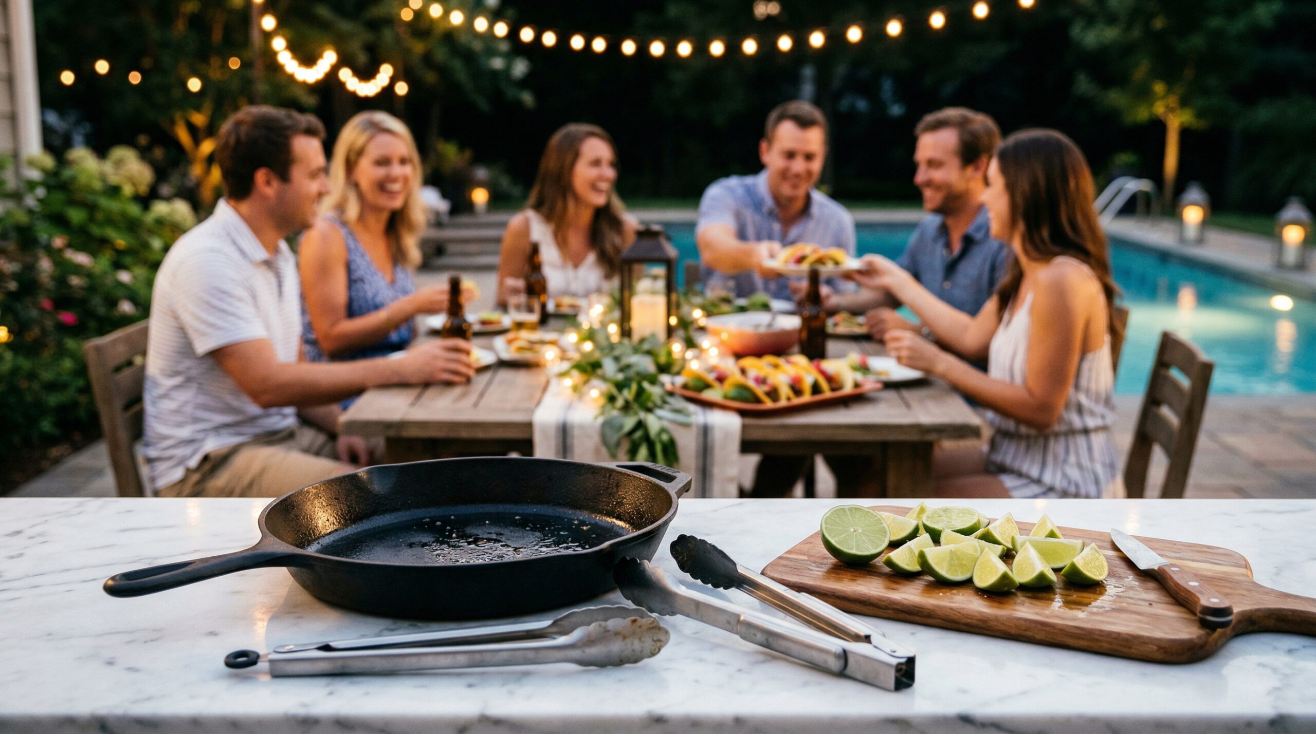 A heavy cast-iron grill pan and professional stainless steel grilling tongs in sharp focus in the foreground, with an elegant outdoor summer evening gathering of four couples blurred in the background