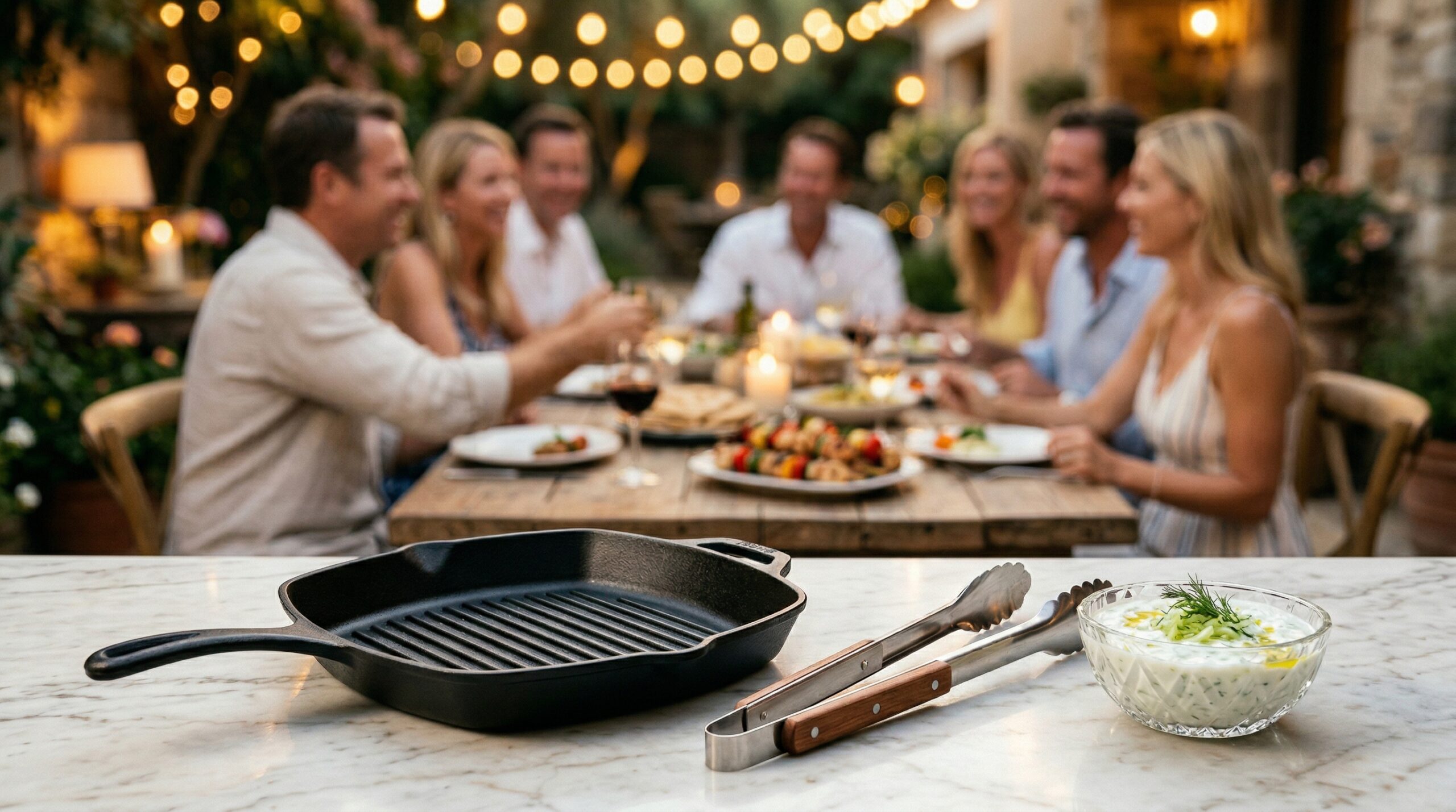 A heavy cast-iron grill pan and a small crystal bowl of tzatziki sauce in sharp focus in the foreground, with an elegant outdoor dining gathering blurred in the background