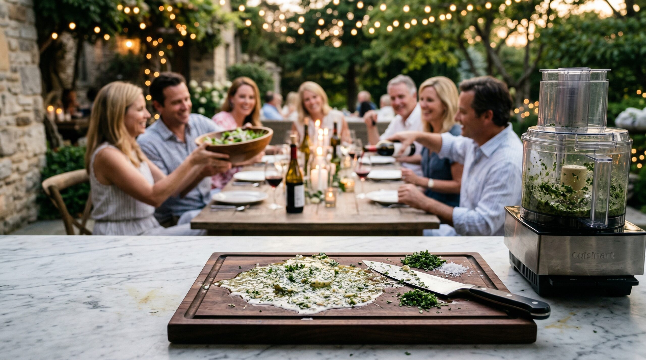 A heavy wooden cutting board pooling with herb butter and a high-capacity food processor bowl in sharp focus in the foreground, with an elegant outdoor summer evening gathering blurred in the background
