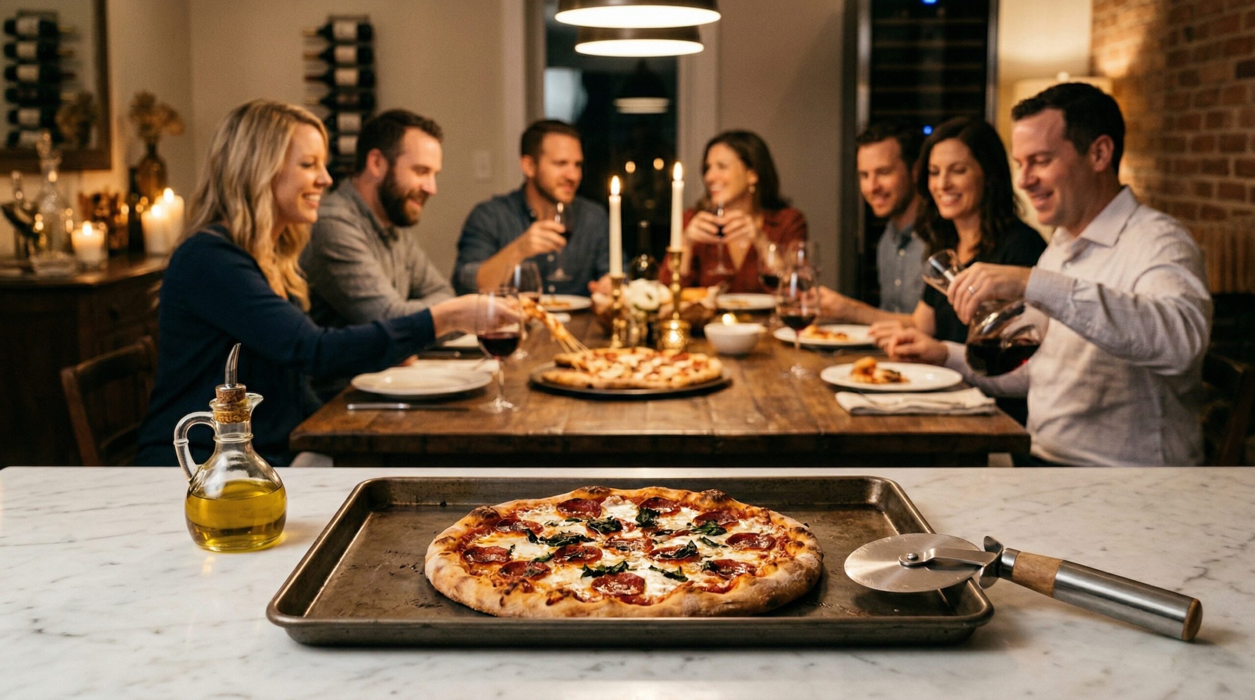 A heavy rectangular baking sheet holding freshly baked pizza and a professional stainless steel pizza wheel in sharp focus in the foreground, with an elegant, softly lit evening dining room blurred in the background