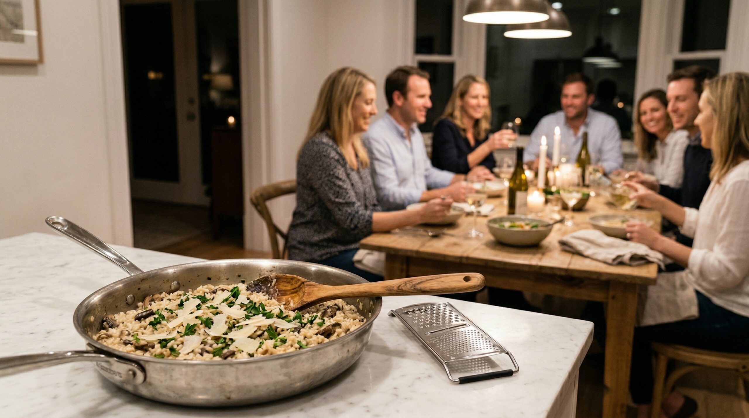 A heavy stainless steel skillet, a wooden stirring spoon, and a cheese grater in sharp focus in the foreground, with an elegant softly lit dining room gathering blurred in the background