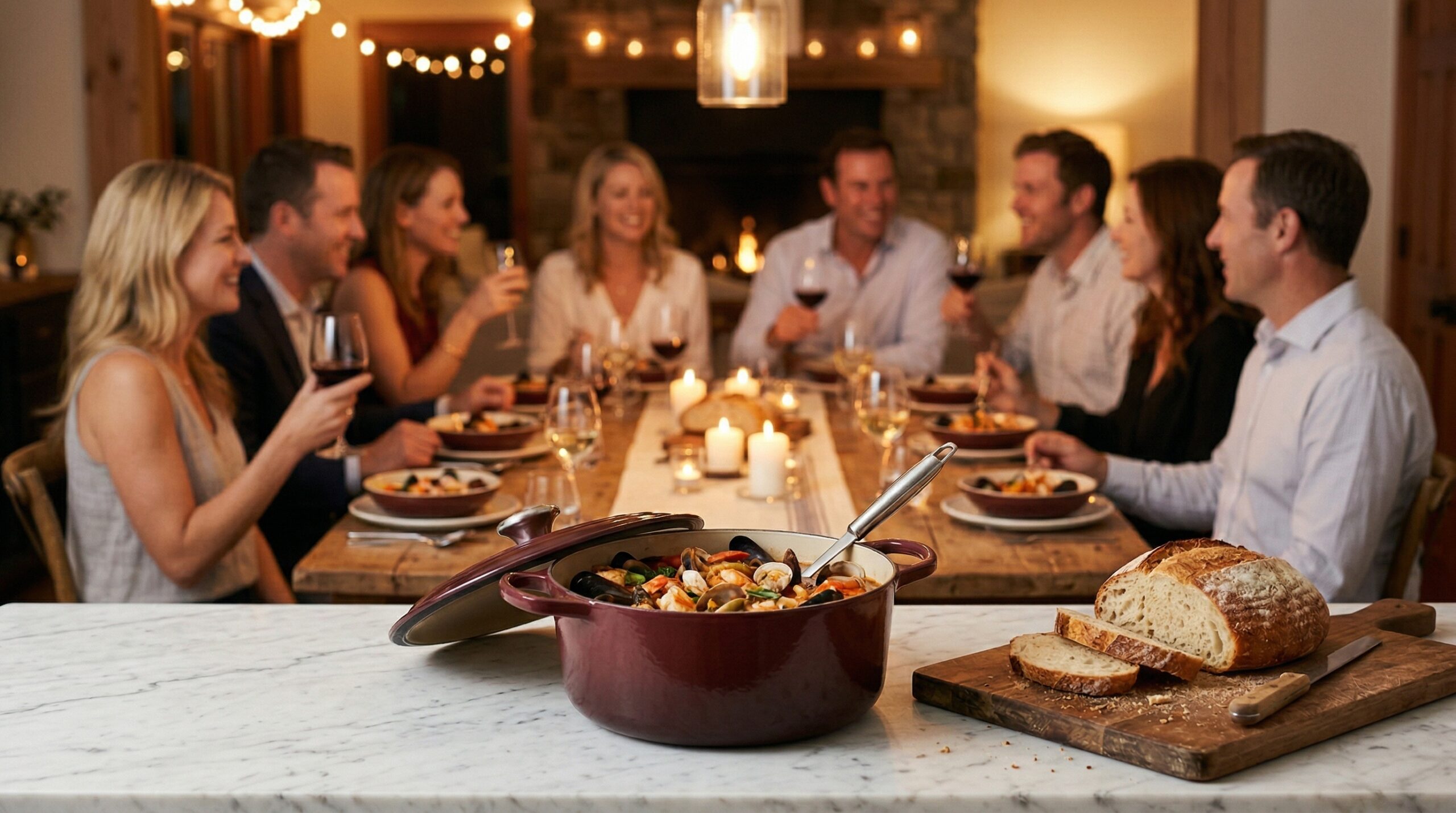 A heavy enameled cast-iron soup pot, a professional stainless steel ladle, and a wooden cutting board in sharp focus in the foreground, with an elegant, softly lit dining room gathering blurred in the background