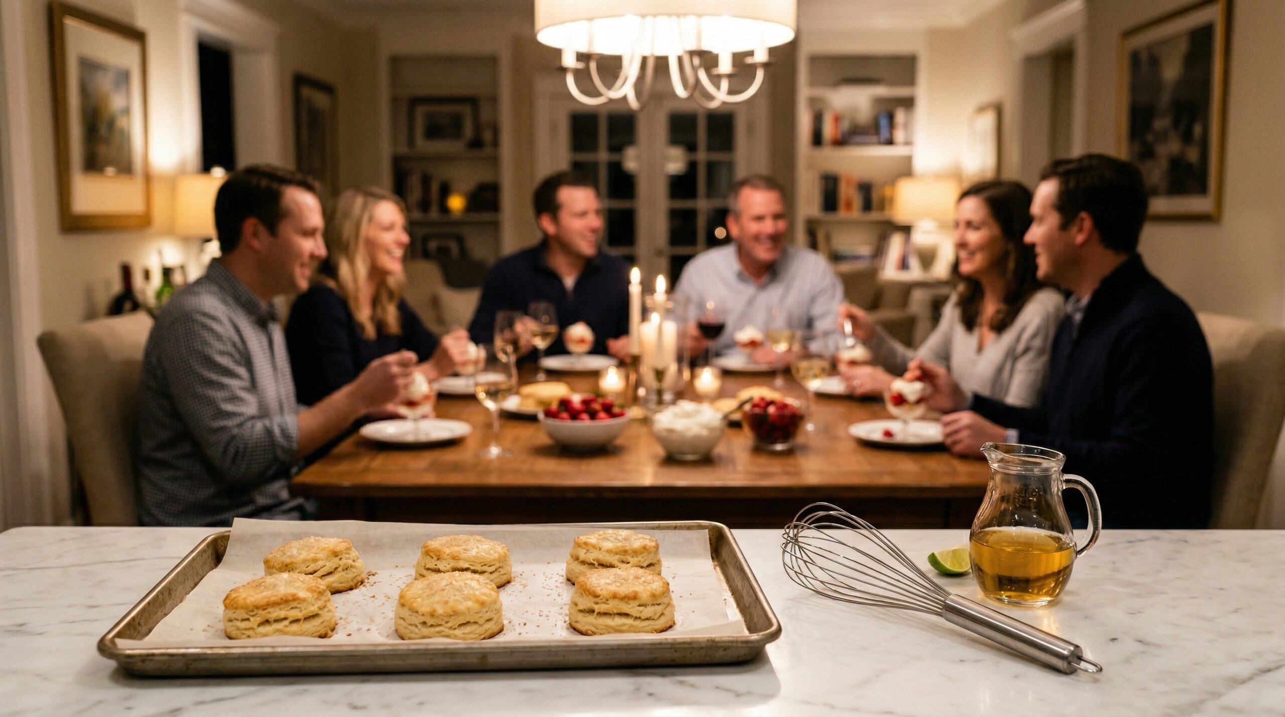 A heavy metal baking sheet holding golden baked biscuits, a professional stainless steel whisk, and a small glass pitcher of tequila in sharp focus in the foreground, with an elegant softly lit evening gathering blurred in the background