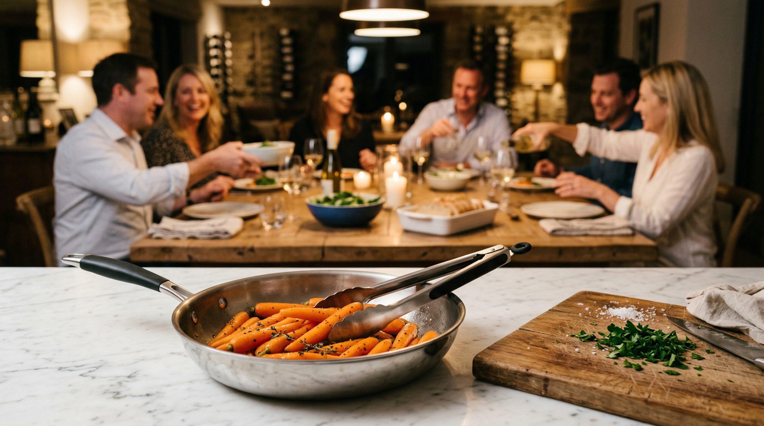 A heavy stainless steel skillet holding poached carrots and professional stainless steel serving tongs in sharp focus in the foreground, with an elegant softly lit dining room gathering of four Caucasian couples blurred in the background