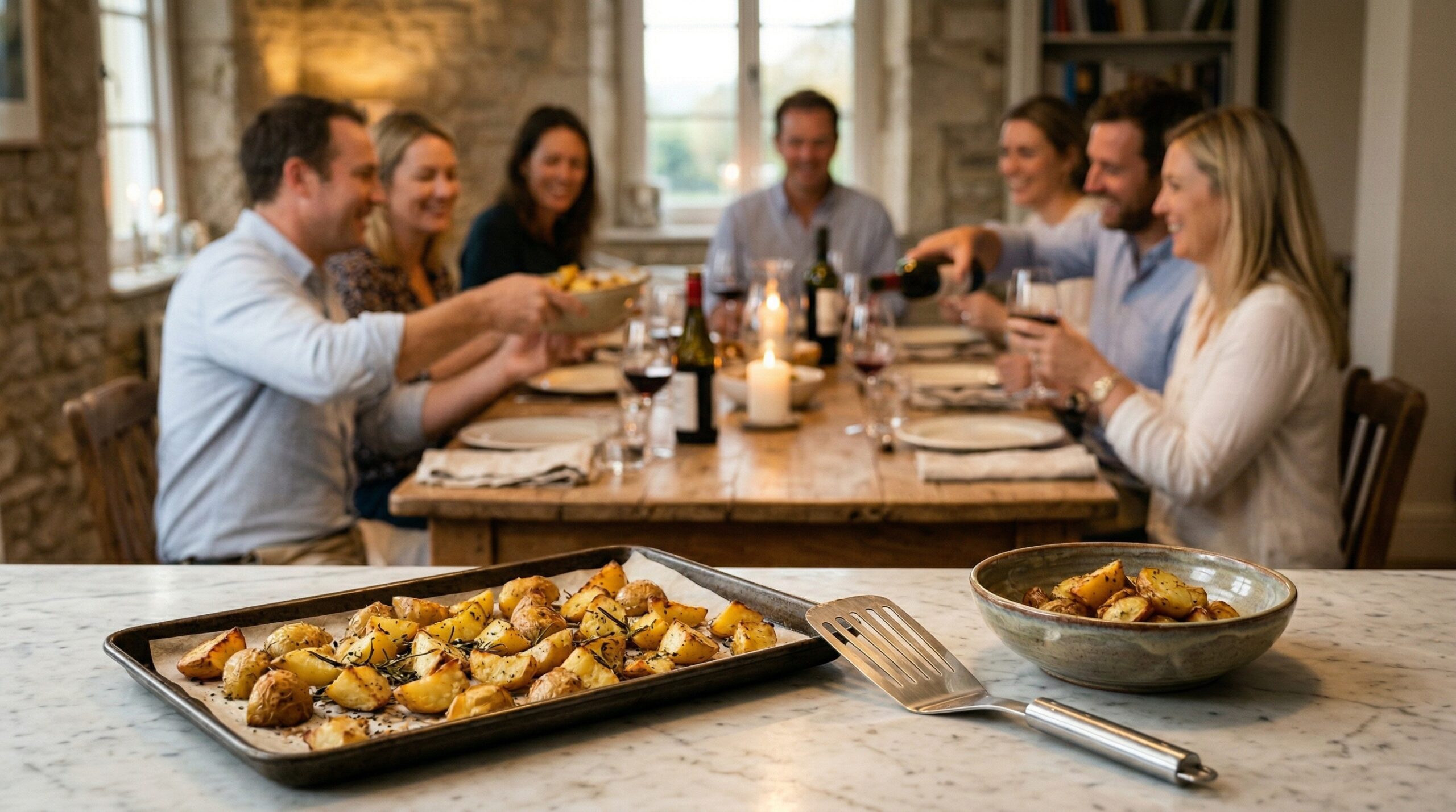A heavy metal sheet pan with roasted potatoes and a stainless steel spatula in sharp focus in the foreground, with an elegant, softly lit dining room gathering blurred in the background