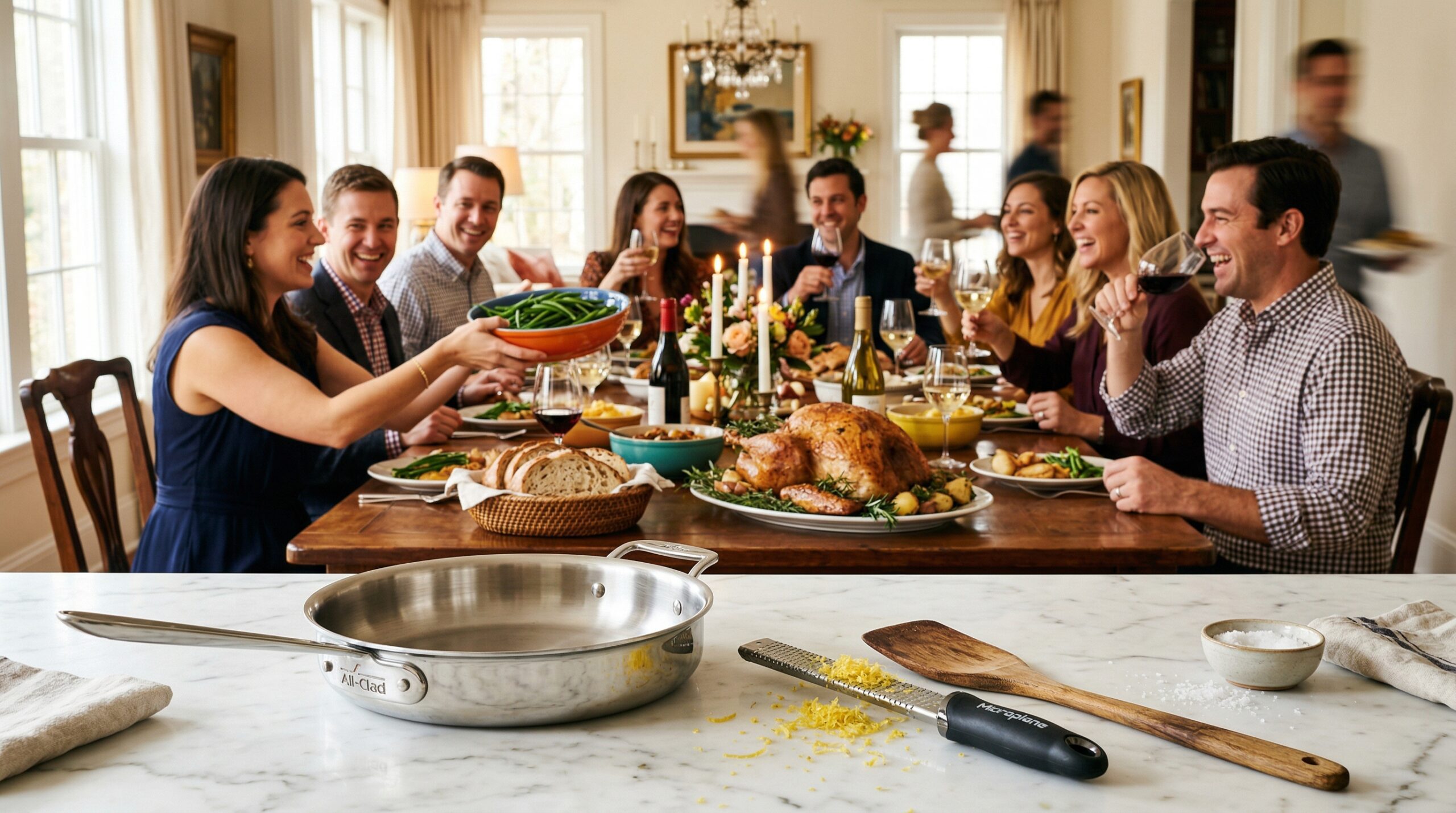 A gleaming stainless steel skillet and microplane zester in sharp focus in the foreground, with a blurred background showing an elegant dinner party passing ceramic side dishes