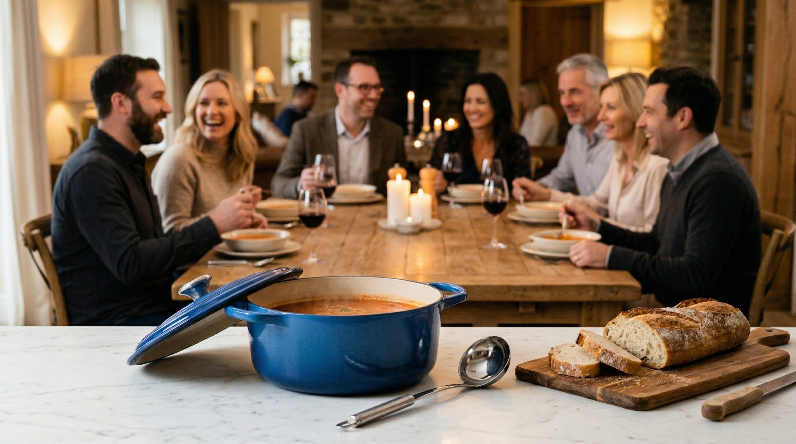 A heavy enameled cast-iron soup pot and stainless steel ladle in sharp focus in the foreground, with an elegant, softly lit dining room gathering blurred in the background