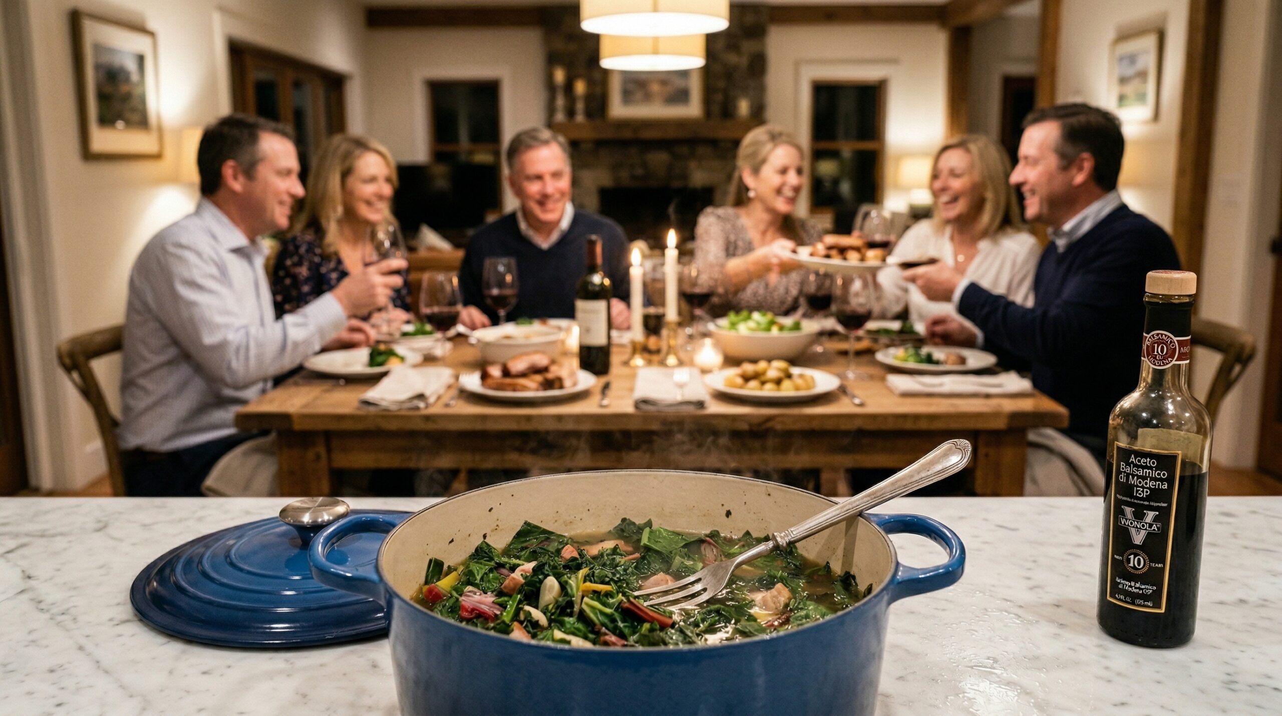 A heavy enameled cast-iron Dutch oven, a silver meat fork, and a glass bottle of dark balsamic vinegar in sharp focus in the foreground, with an elegant softly lit dining room gathering blurred in the background