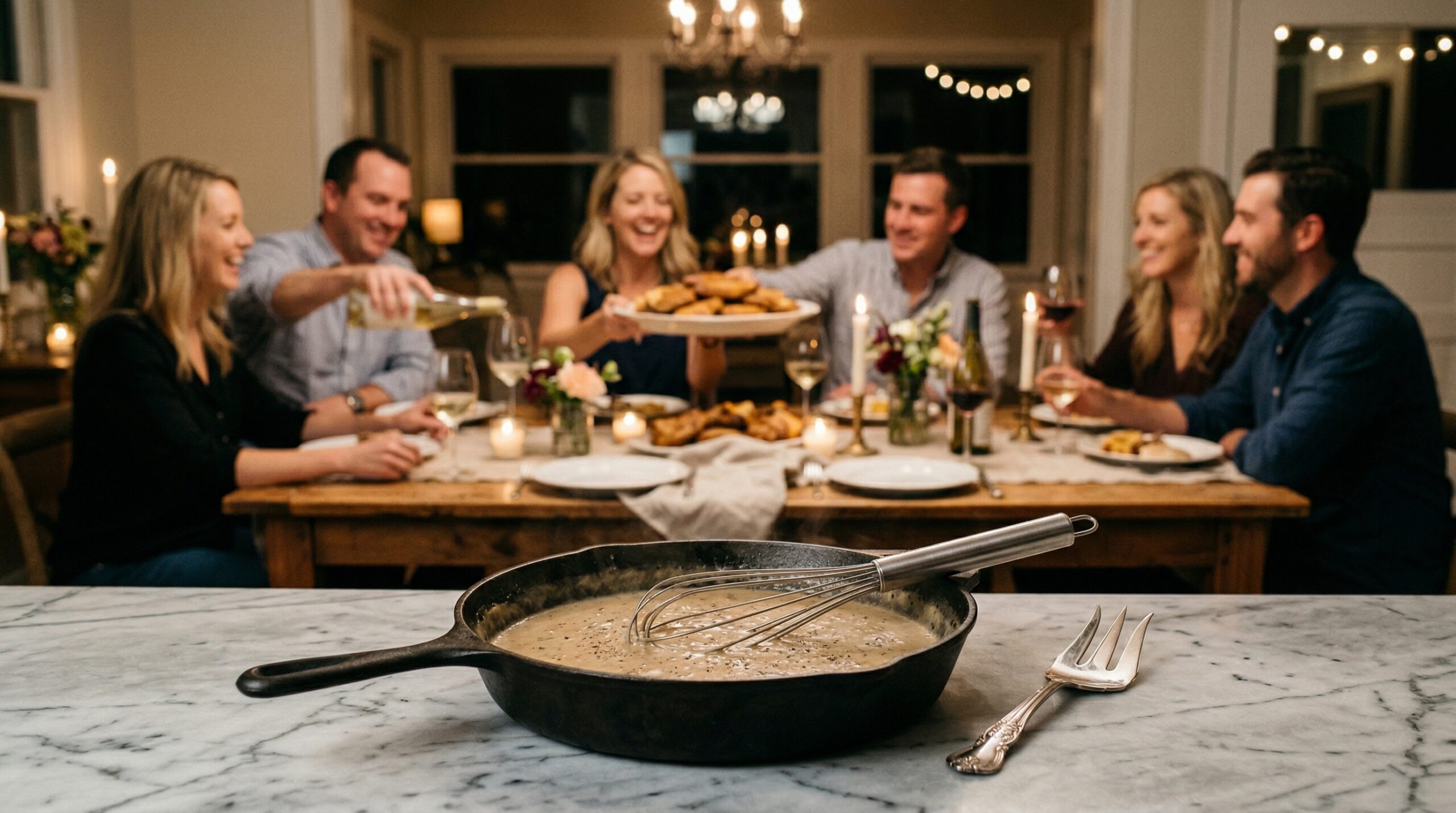 A heavy cast-iron skillet holding cream gravy, a professional whisk, and a silver meat serving fork in sharp focus in the foreground, with an elegant softly lit dining room gathering blurred in the background