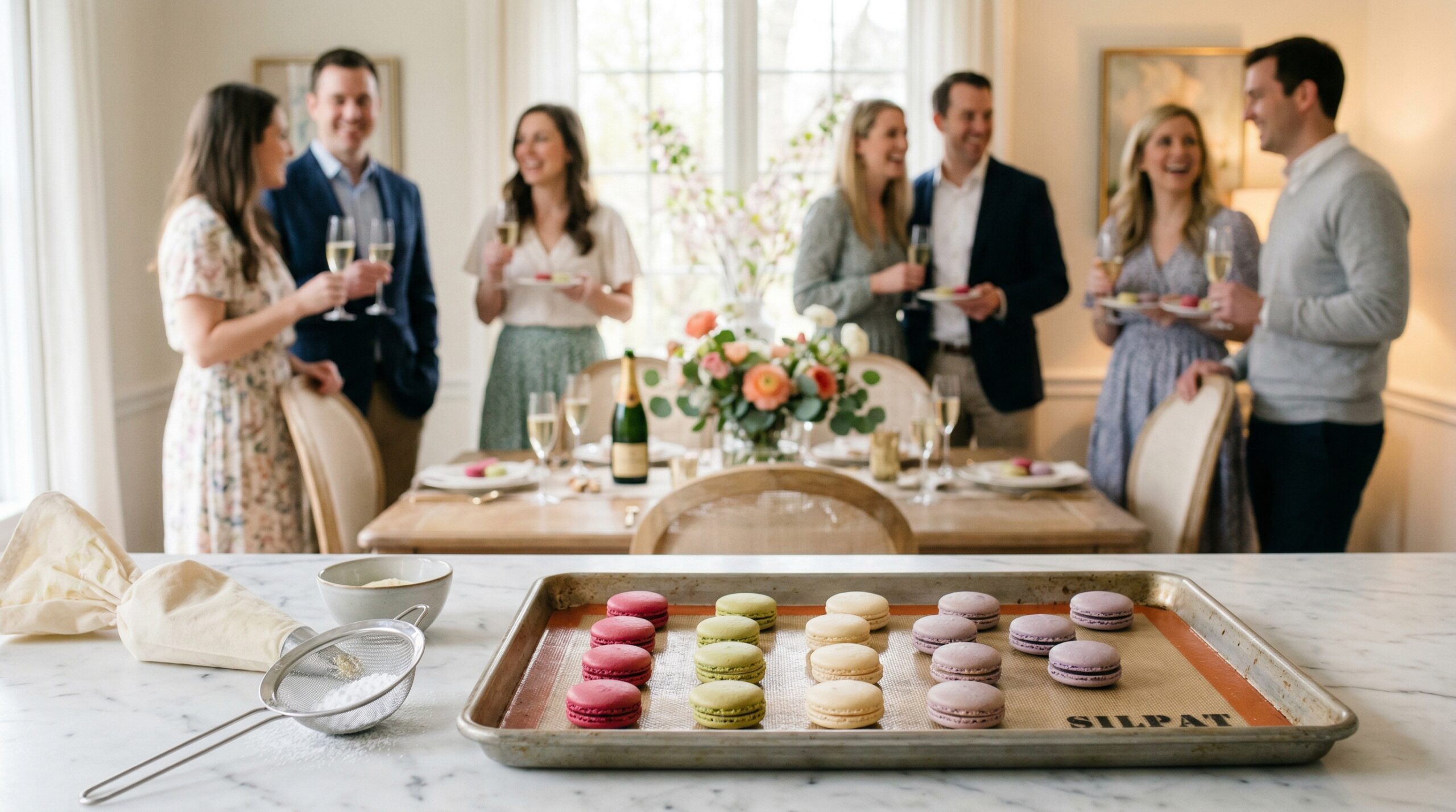 A heavy metal baking sheet lined with a Silpat mat, a piping bag, and a fine-mesh sieve in sharp focus, with an elegant spring gathering of 4 Caucasian couples blurred in the background