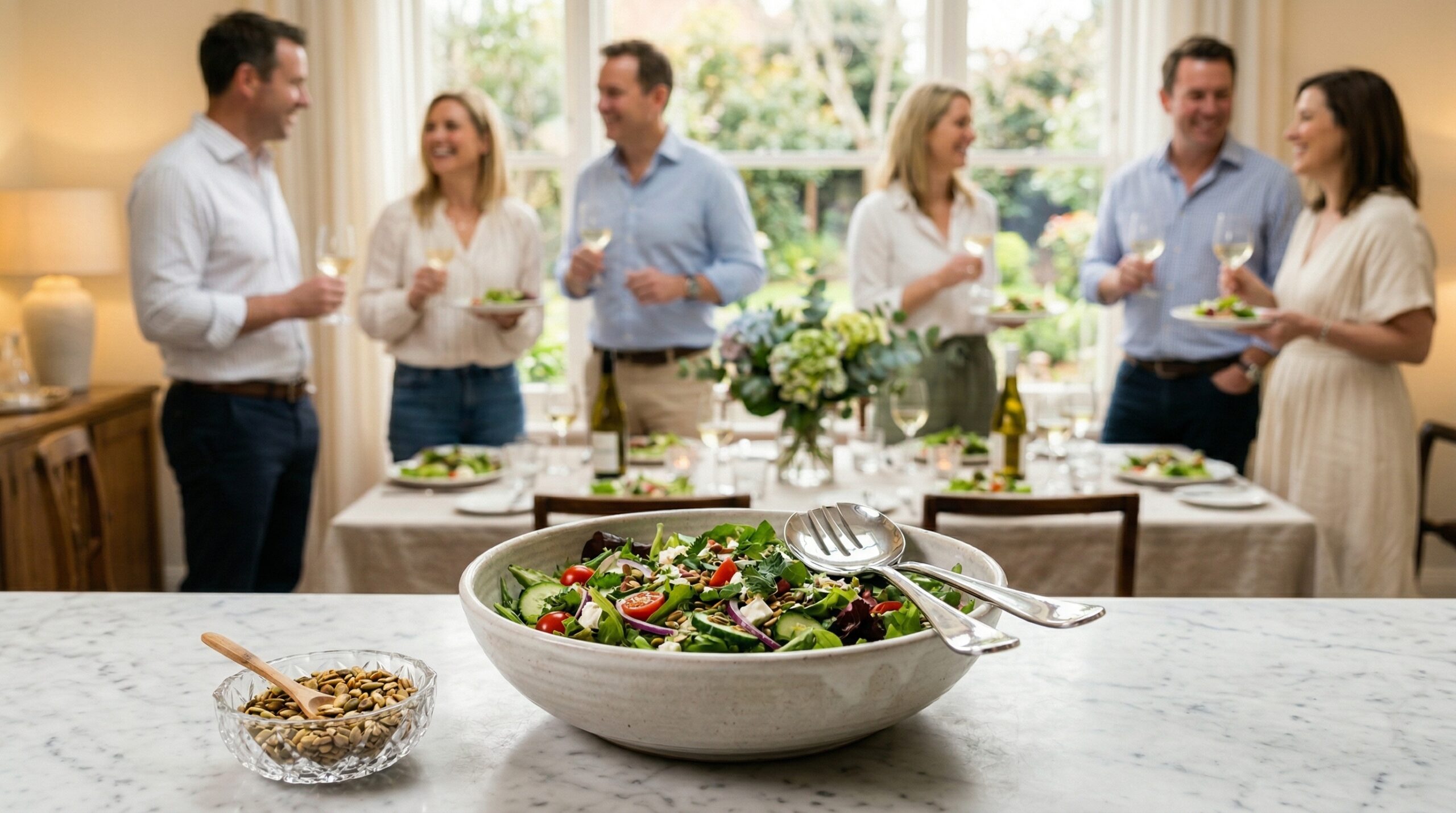 A large ceramic salad bowl, polished silver salad servers, and a crystal dish of toasted seeds in sharp focus in the foreground, with an elegant spring afternoon luncheon blurred in the background