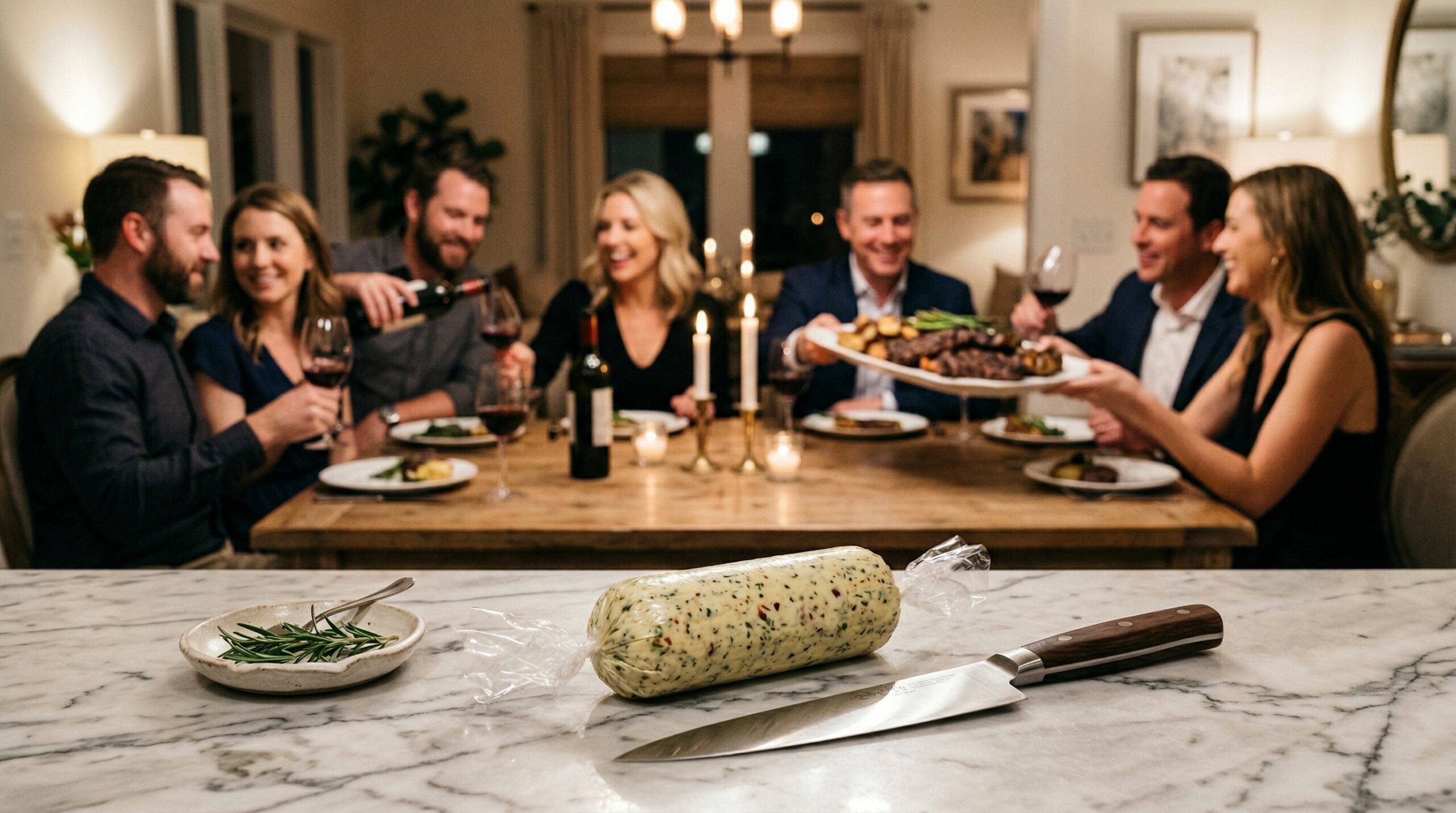 A rolled cylinder of compound butter wrapped in plastic, a chef's knife, and a small ceramic dish in sharp focus, with an elegant softly lit dining room gathering blurred in the background