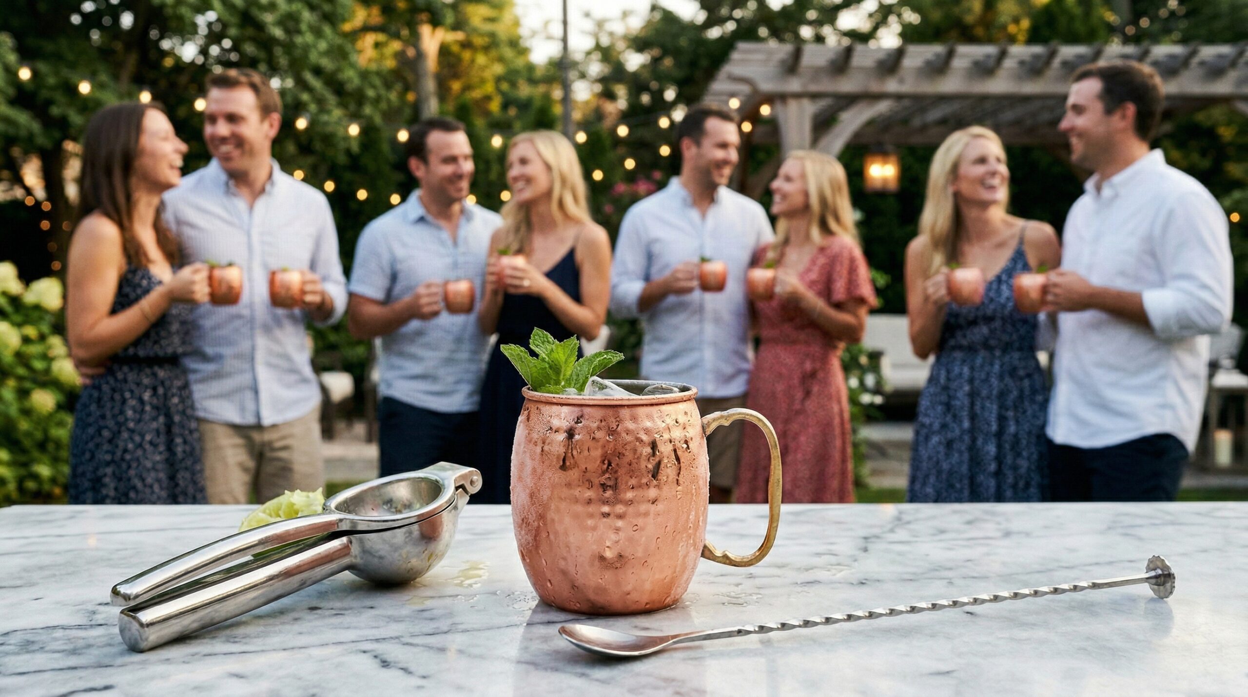 A heavily frosted copper mug, a silver citrus juicer, and a long stainless steel cocktail stirring spoon in sharp focus in the foreground, with an elegant outdoor summer cocktail gathering blurred in the background