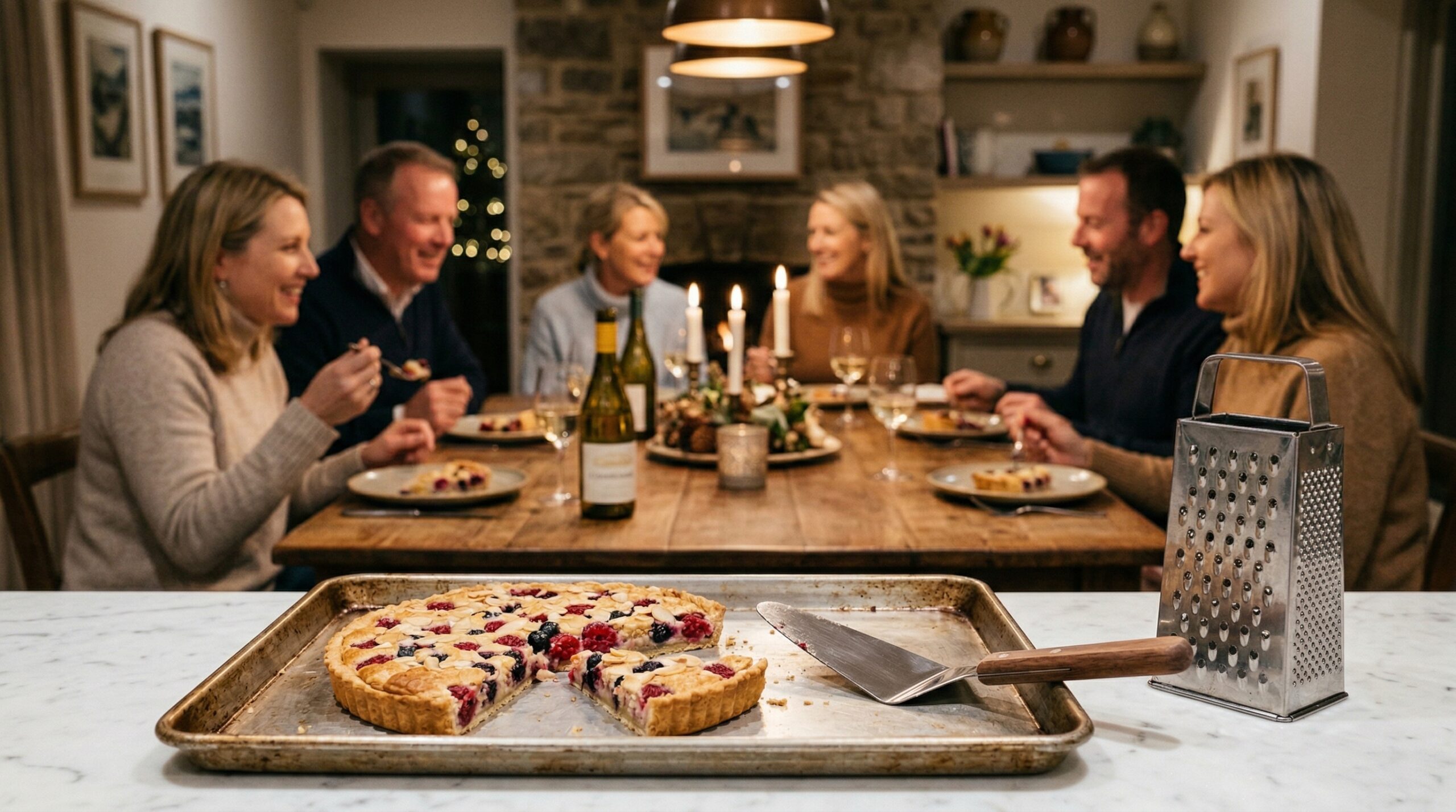 A heavy metal baking sheet holding the tart and a silver pie server in sharp focus in the foreground, with an elegant, softly lit dining room gathering of four couples blurred in the background