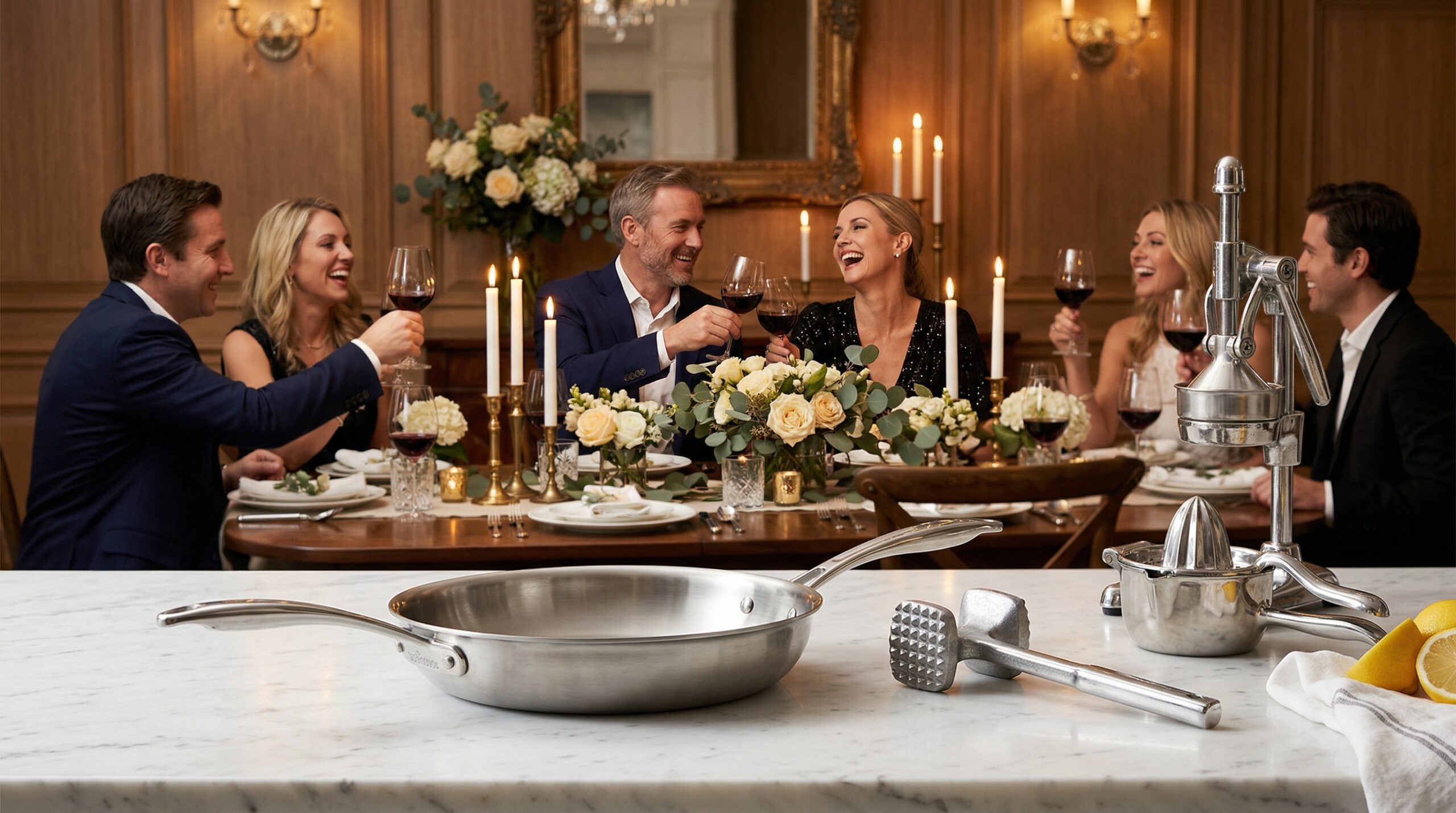 A heavy stainless steel skillet, a metal meat mallet, and a polished silver citrus juicer in sharp focus in the foreground, with an elegant, candlelit dining room blurred in the background