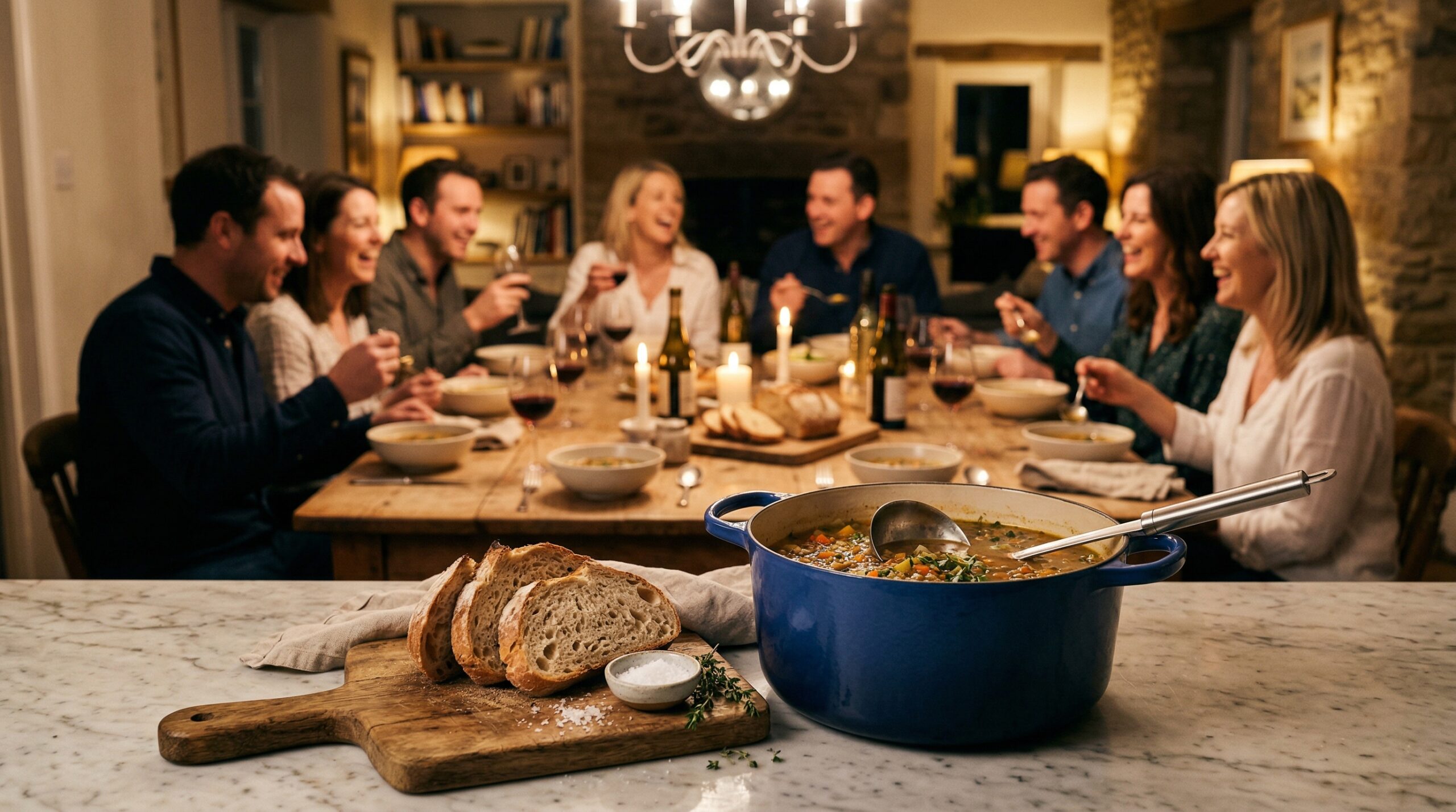 A heavy enameled cast-iron soup pot and stainless steel ladle in sharp focus in the foreground, with an elegant, softly lit dining room gathering blurred in the background