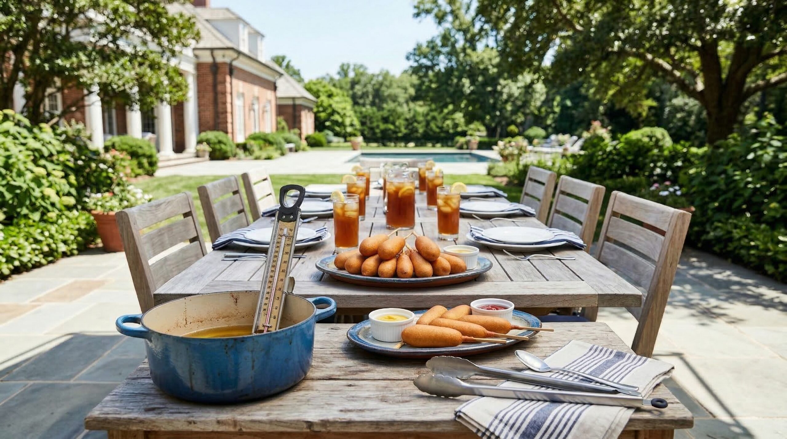 Abundant corn dog service for eight on a sun-drenched estate terrace
