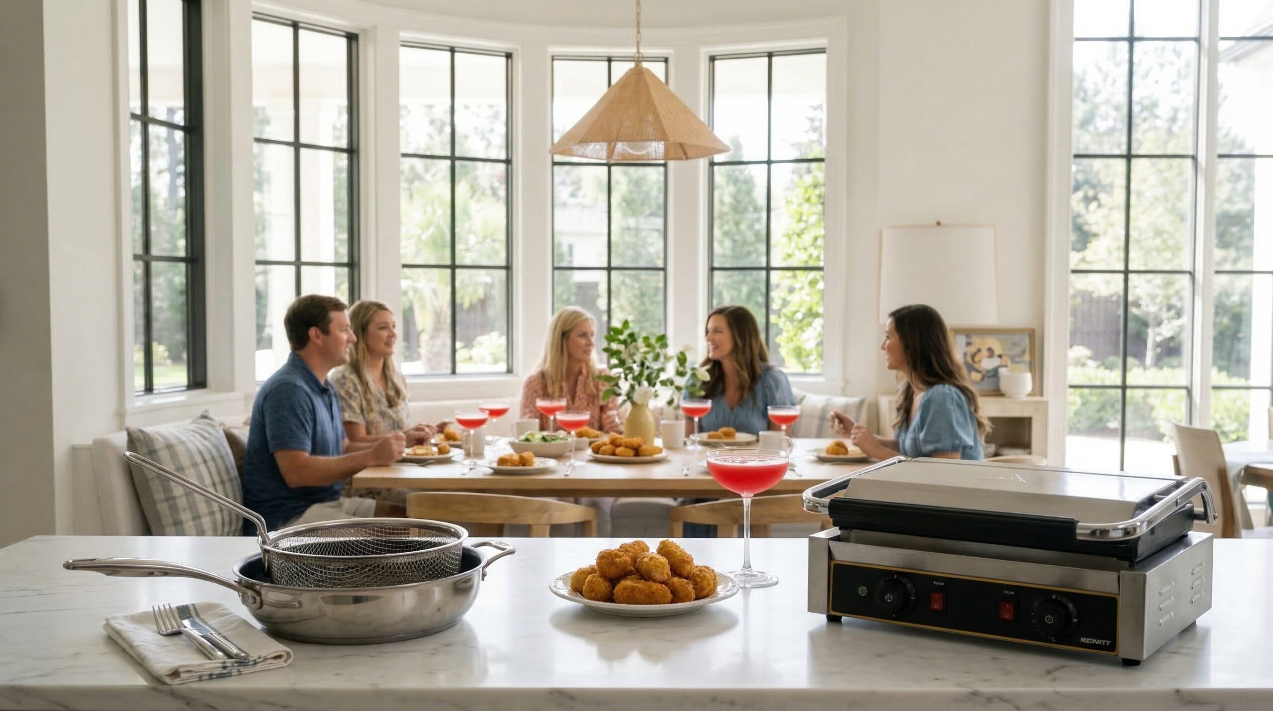 Resourceful estate breakfast for eight featuring mac and cheese croquettes and watermelon cocktails