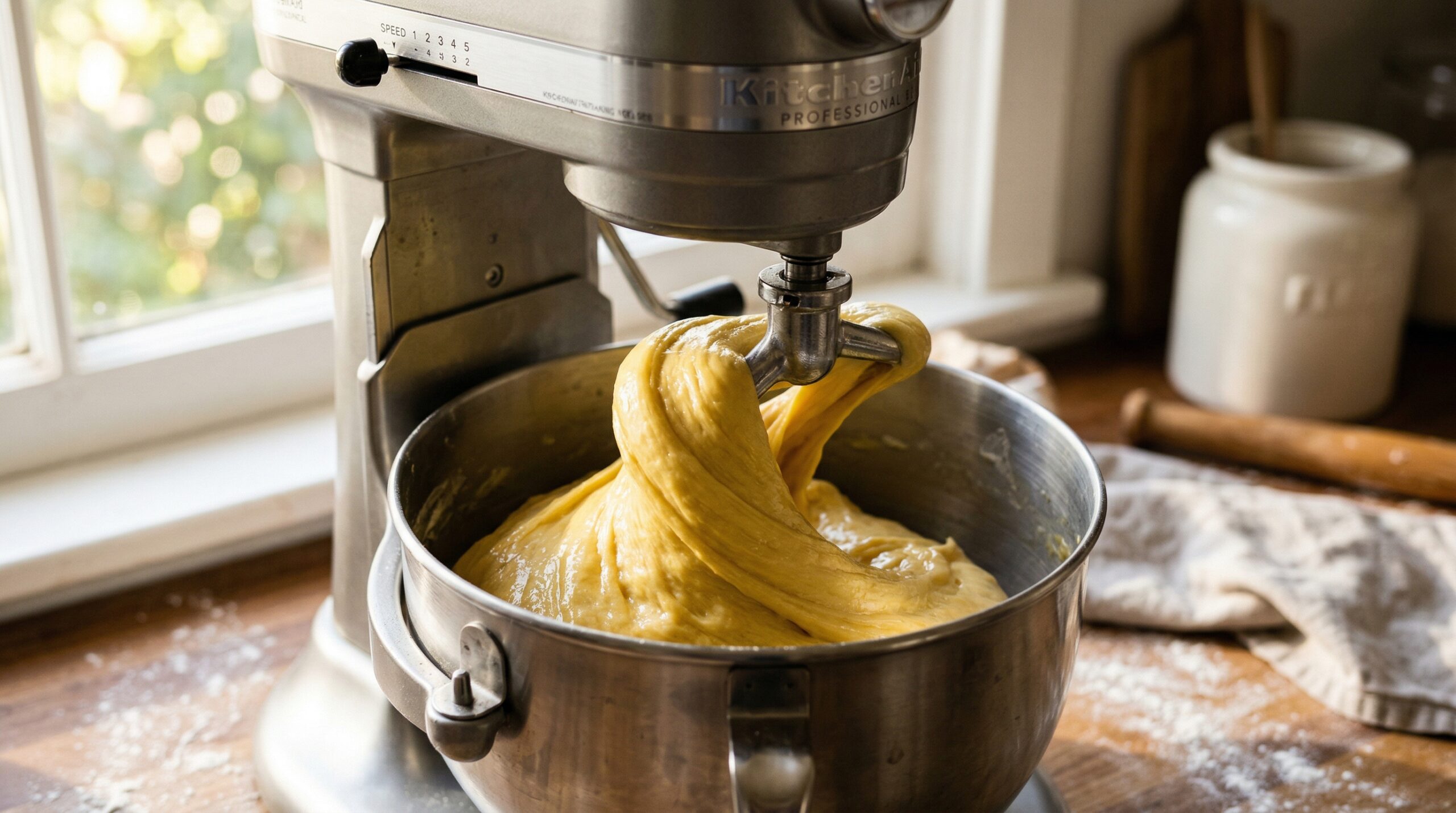 A heavy-duty stainless steel electric stand mixer pulling together a rich, highly elastic enriched yeast dough
