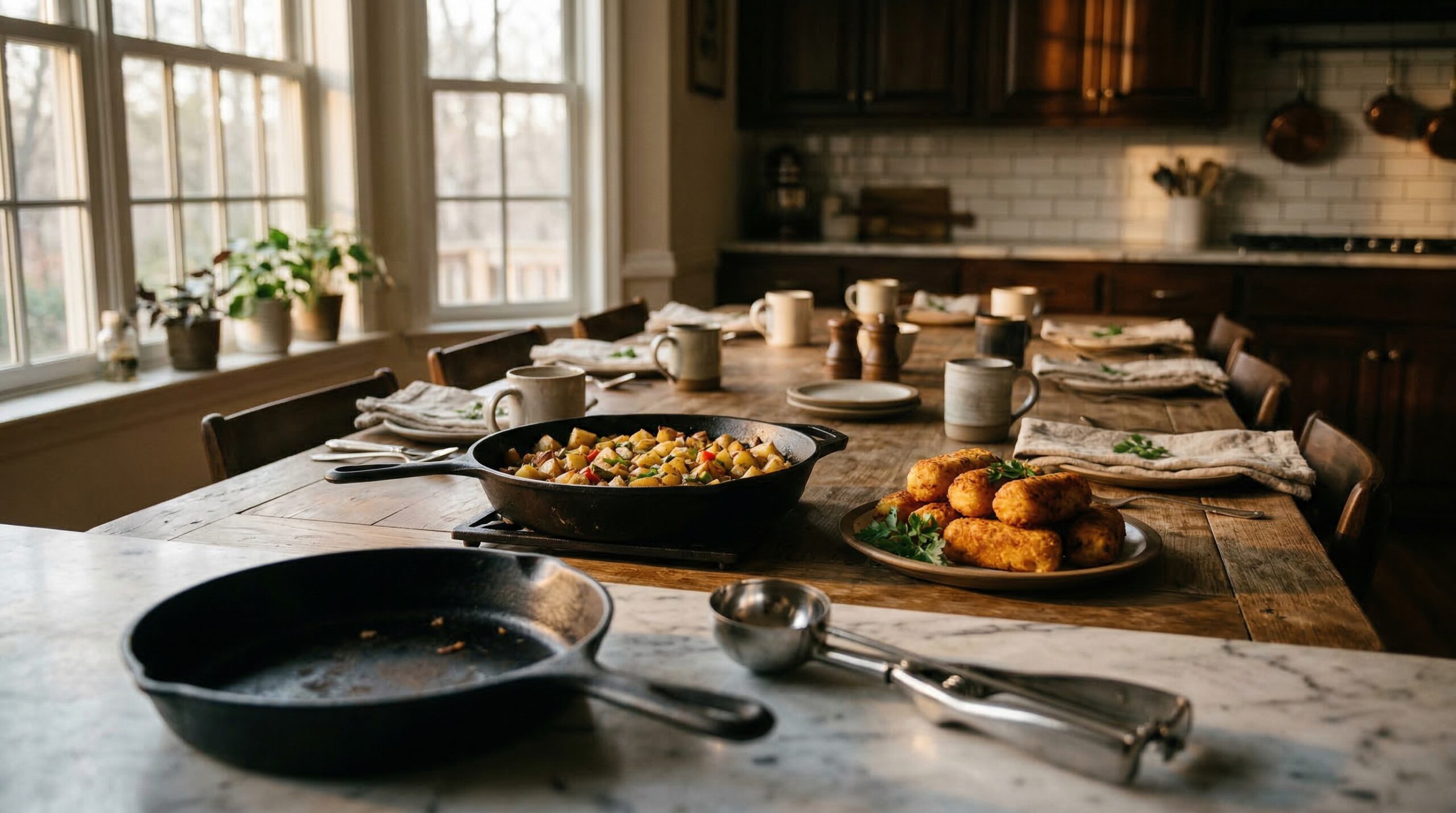 Quiet morning estate breakfast for eight with soft dawn light and cast iron skillet hash