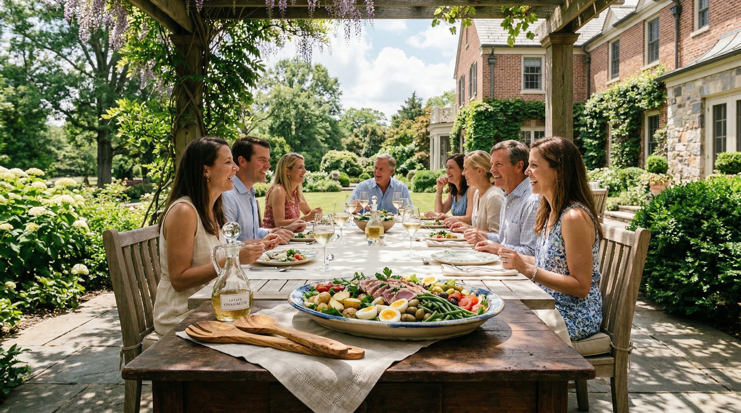 Abundant Niçoise platter service for eight on a sun-drenched estate terrace with chilled white wine