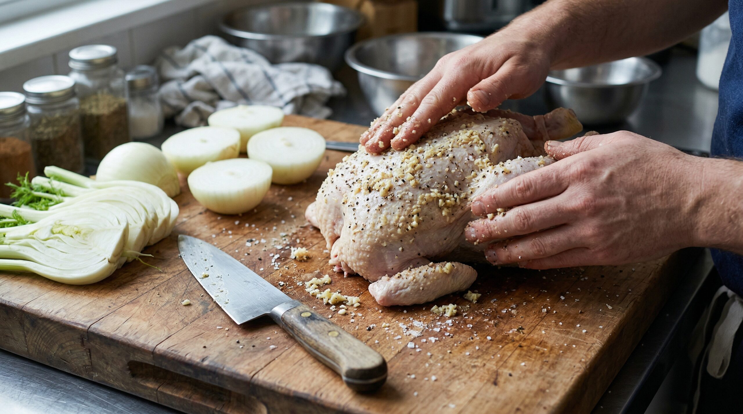 A whole raw chicken being aggressively rubbed with a coarse paste of minced garlic and black pepper next to sliced fennel