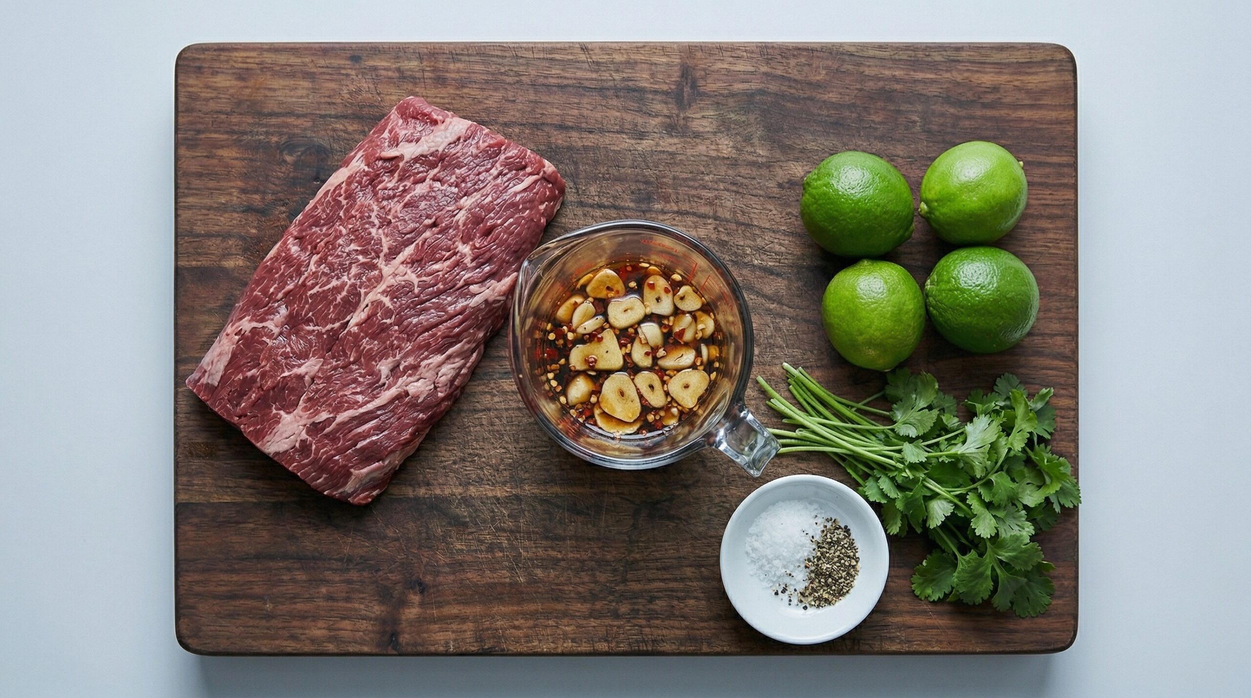 Deep red flank steak resting on a heavy wooden cutting board next to a glass measuring cup filled with a dark, acidic marinade
