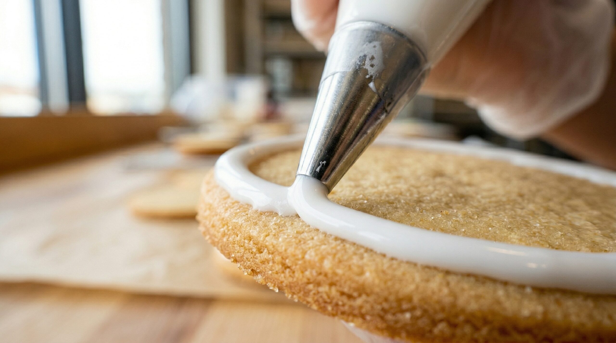 Macro detail of a silver metal piping tip outlining and flooding the edge of a golden baked sugar cookie with glossy white royal icing