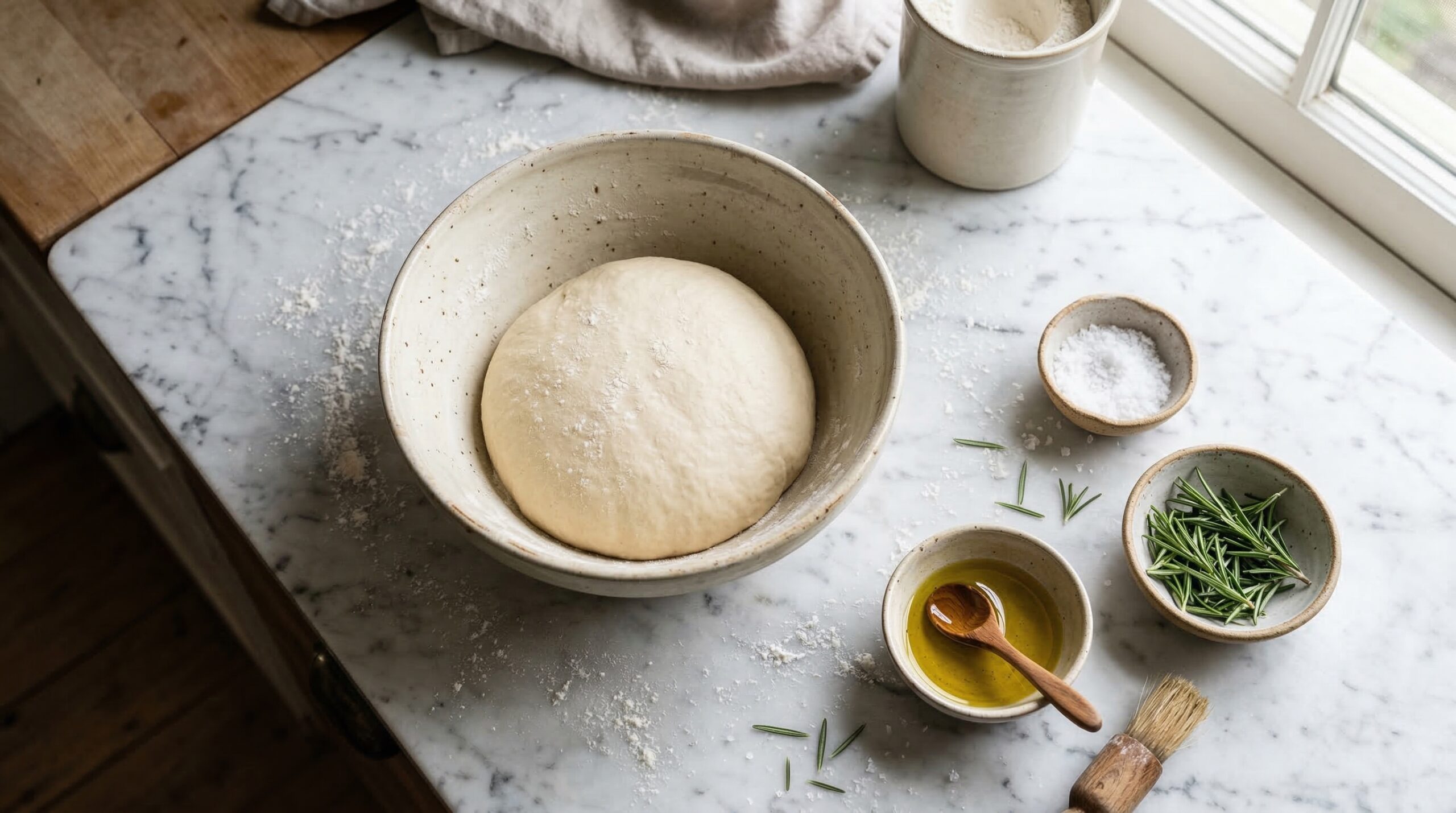 Smooth yeast dough in a ceramic mixing bowl on a marble prep surface