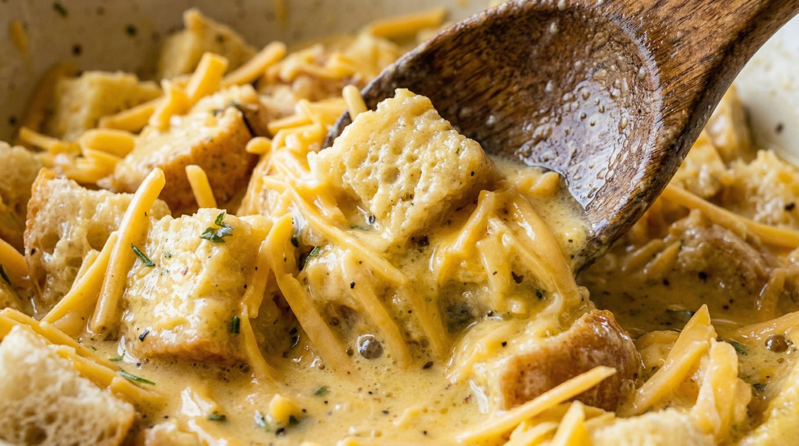 Macro detail of a wooden spoon folding soft white bread cubes and sharp cheddar cheese into a rich egg and milk custard