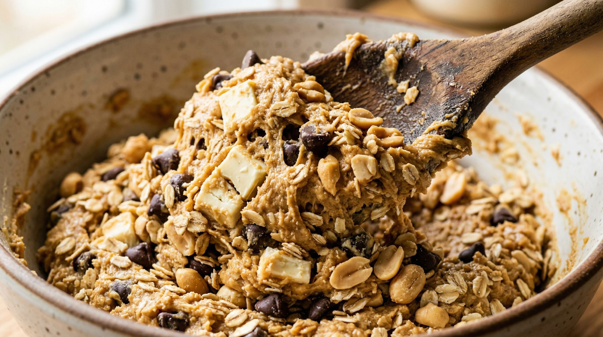 Macro detail of a professional wooden spoon actively folding massive chunks of white chocolate, semi-sweet chips, and rolled oats into a thick peanut butter cookie dough