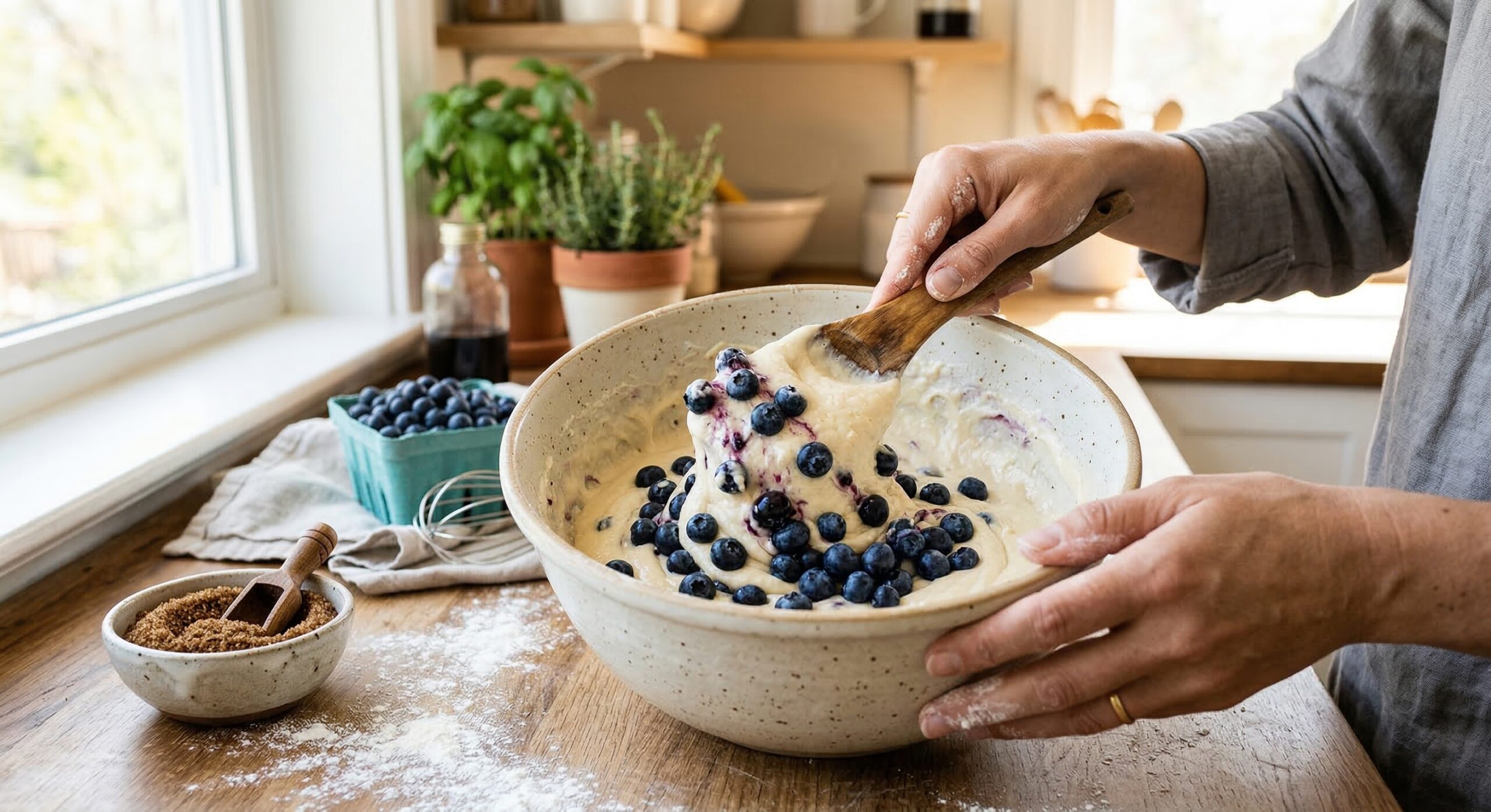Folding fresh blueberries into a thick, sturdy loaf cake batter