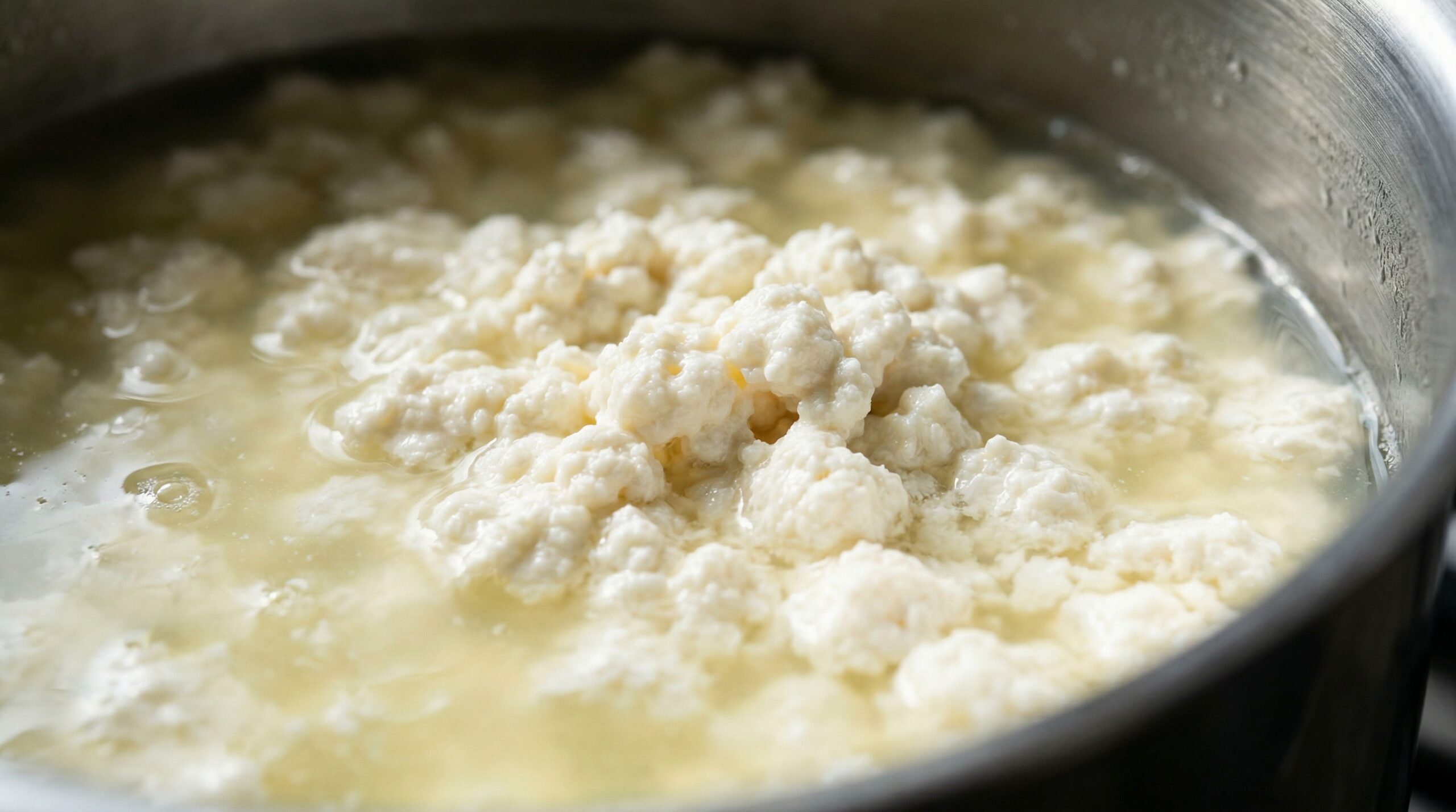 Macro detail of delicate, pillowy white ricotta curds immediately after thermal separation