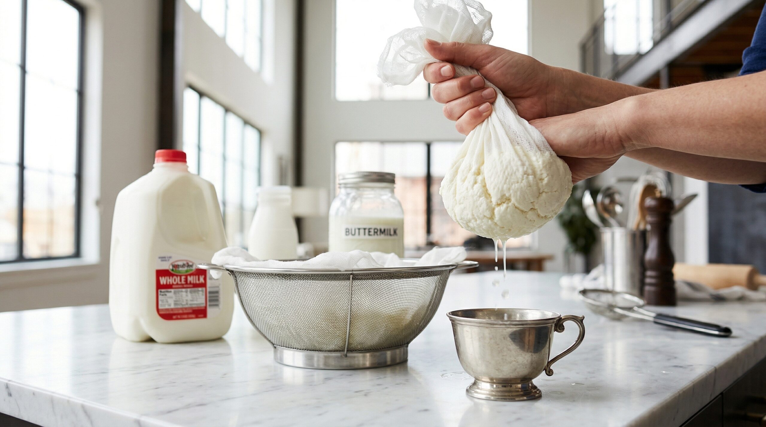 Technical straining of fresh ricotta curds using professional cheesecloth and colander