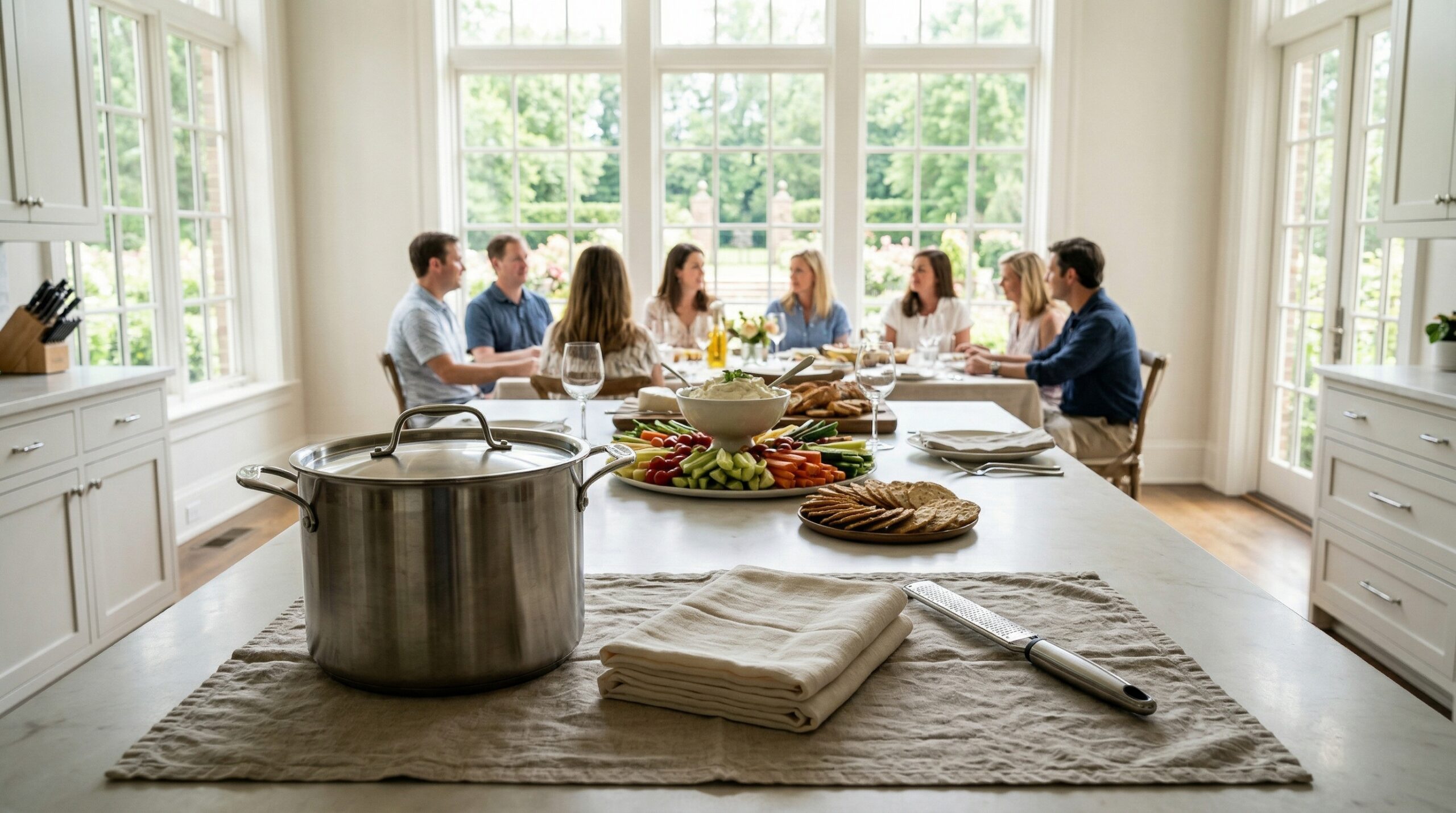Afternoon estate kitchen gathering for eight featuring fresh ricotta and artisanal crackers