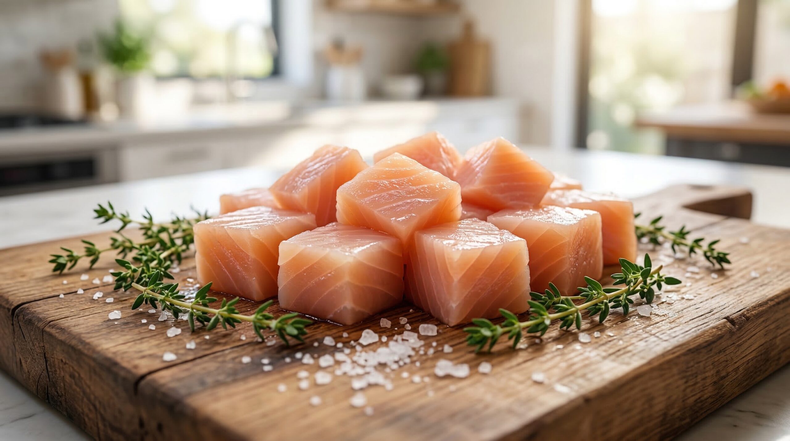 Perfectly cubed raw pumpkin swordfish resting on a heavy wooden cutting board