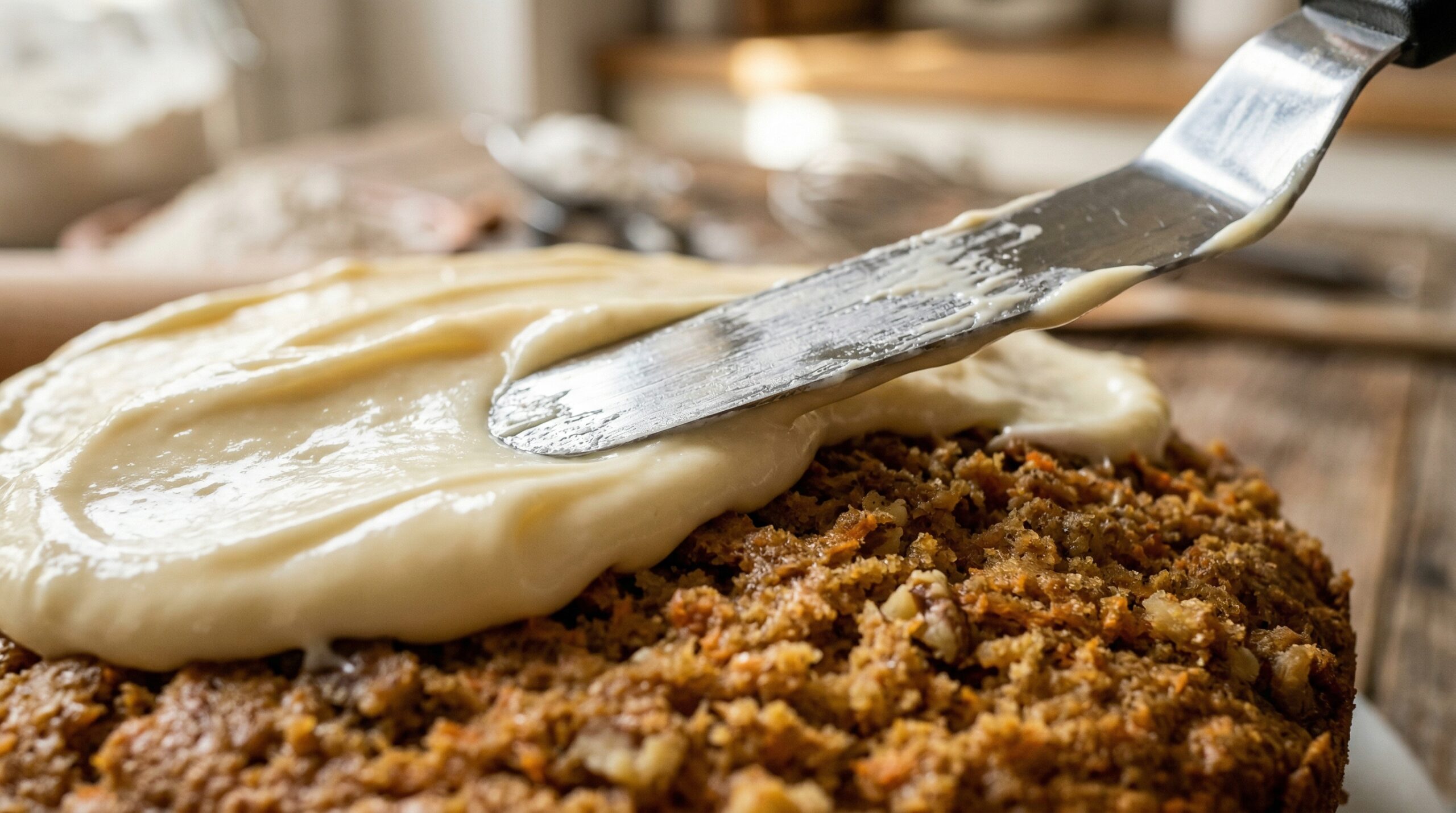 Macro detail of a silver offset spatula actively spreading a thick, glossy layer of rich cream cheese frosting over a golden-brown carrot cake layer