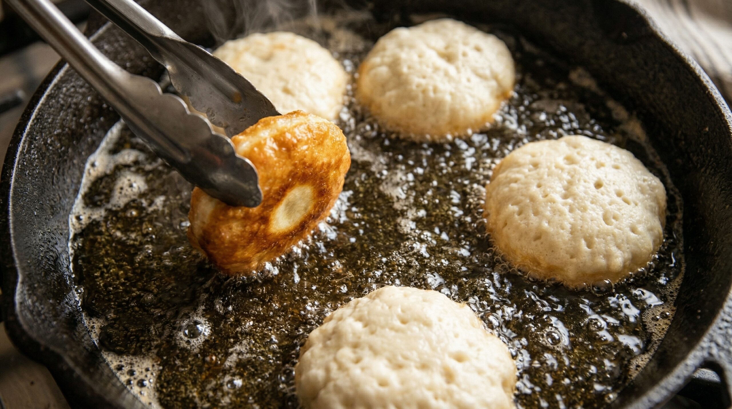 Puffy, round dough circles frying in bubbling hot oil, developing a deep golden brown crust